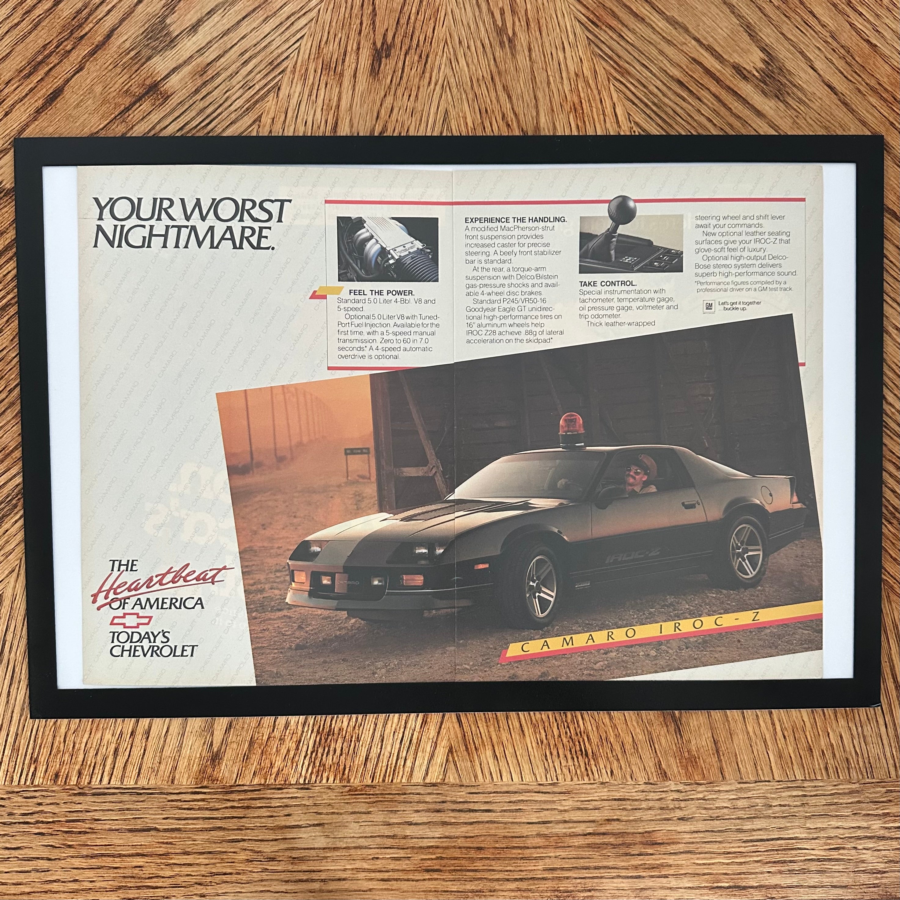 Framed vintage Chevrolet Camaro IROC-Z double page magazine ad