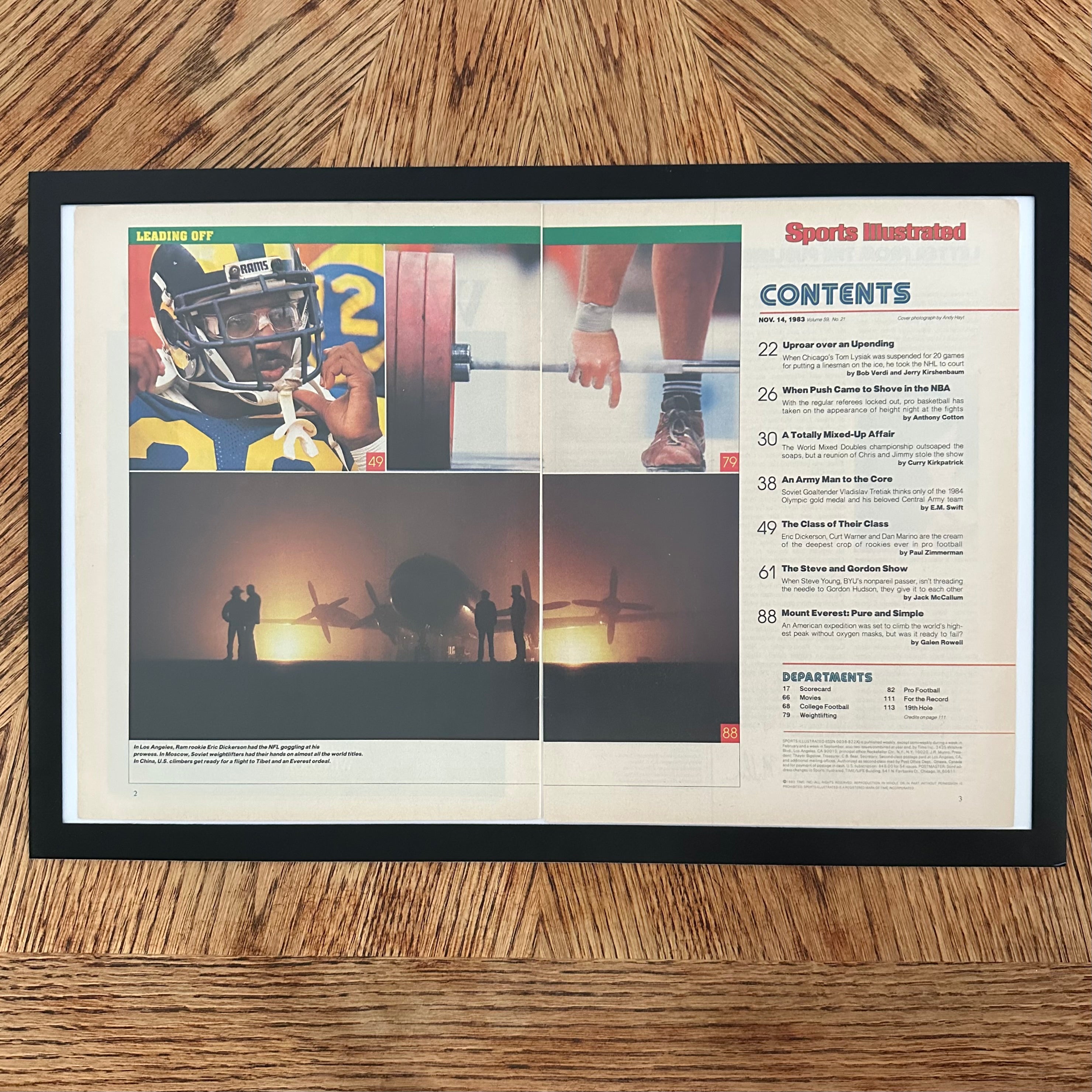 Framed vintage Sports Illustrated 1983 contents page double page magazine spread