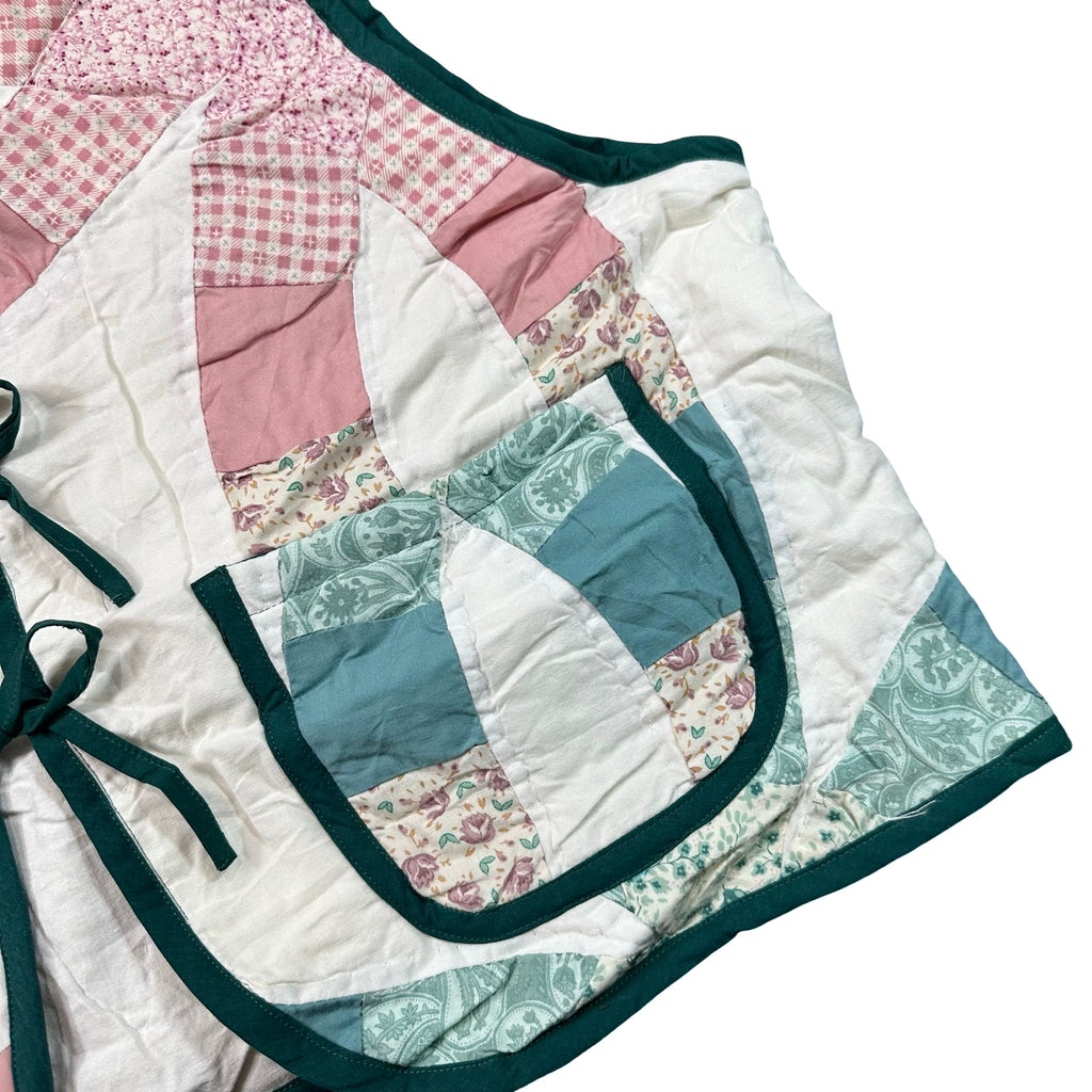 Teal & Rose Wedding Ring XL quilted vest rework, patch pocket detail