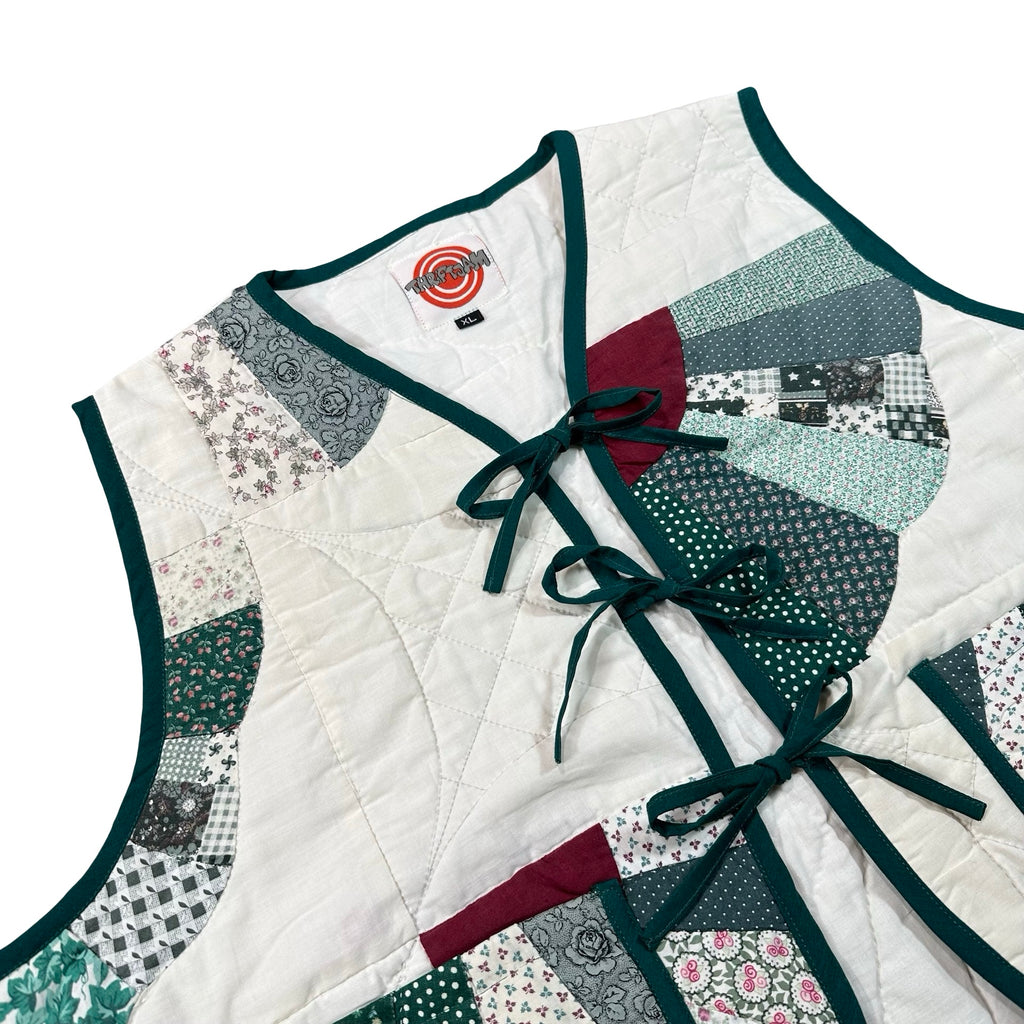 Forest Fan Patchwork XL quilted vest rework, front tie closures
