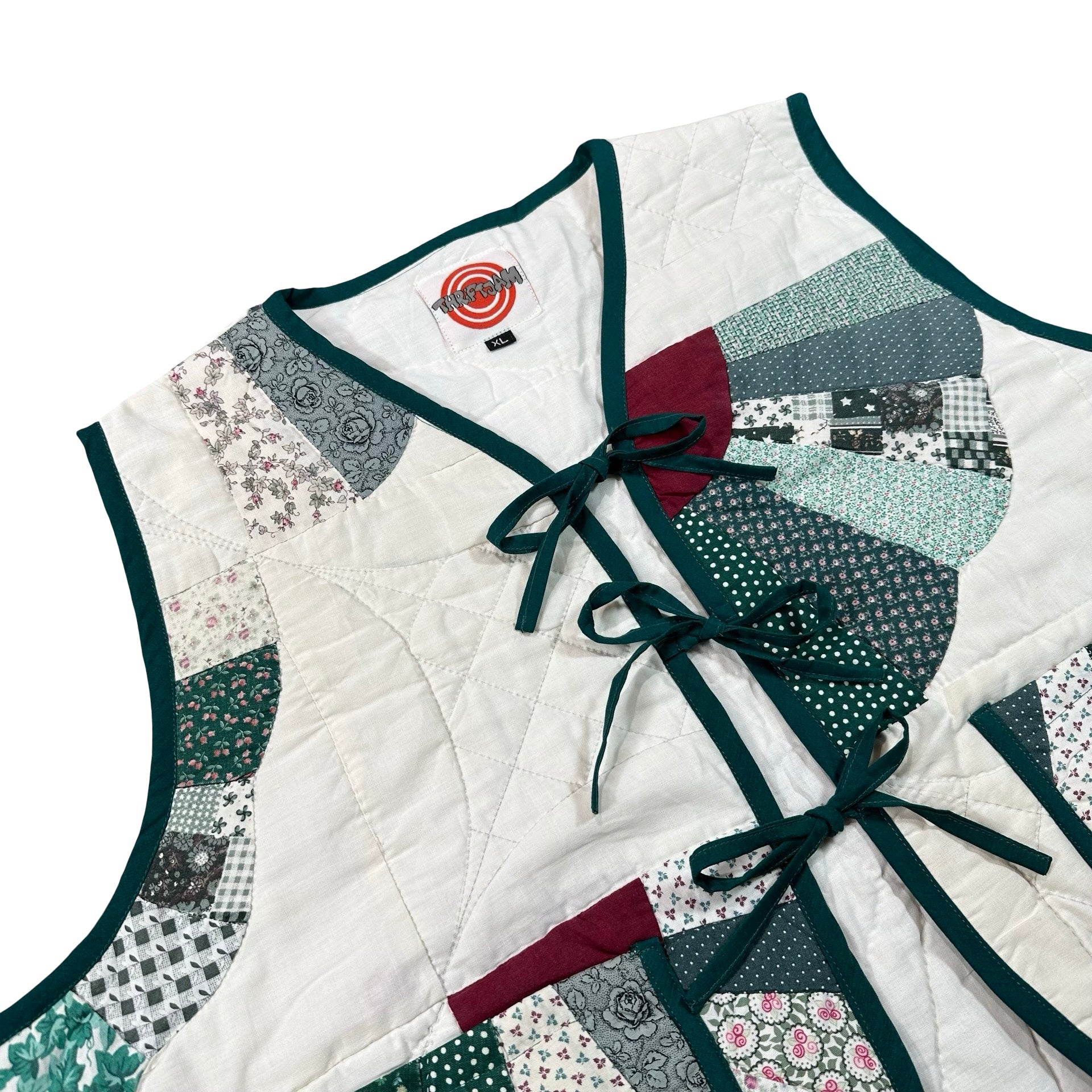 Forest Fan Patchwork XL quilted vest rework, front tie closures