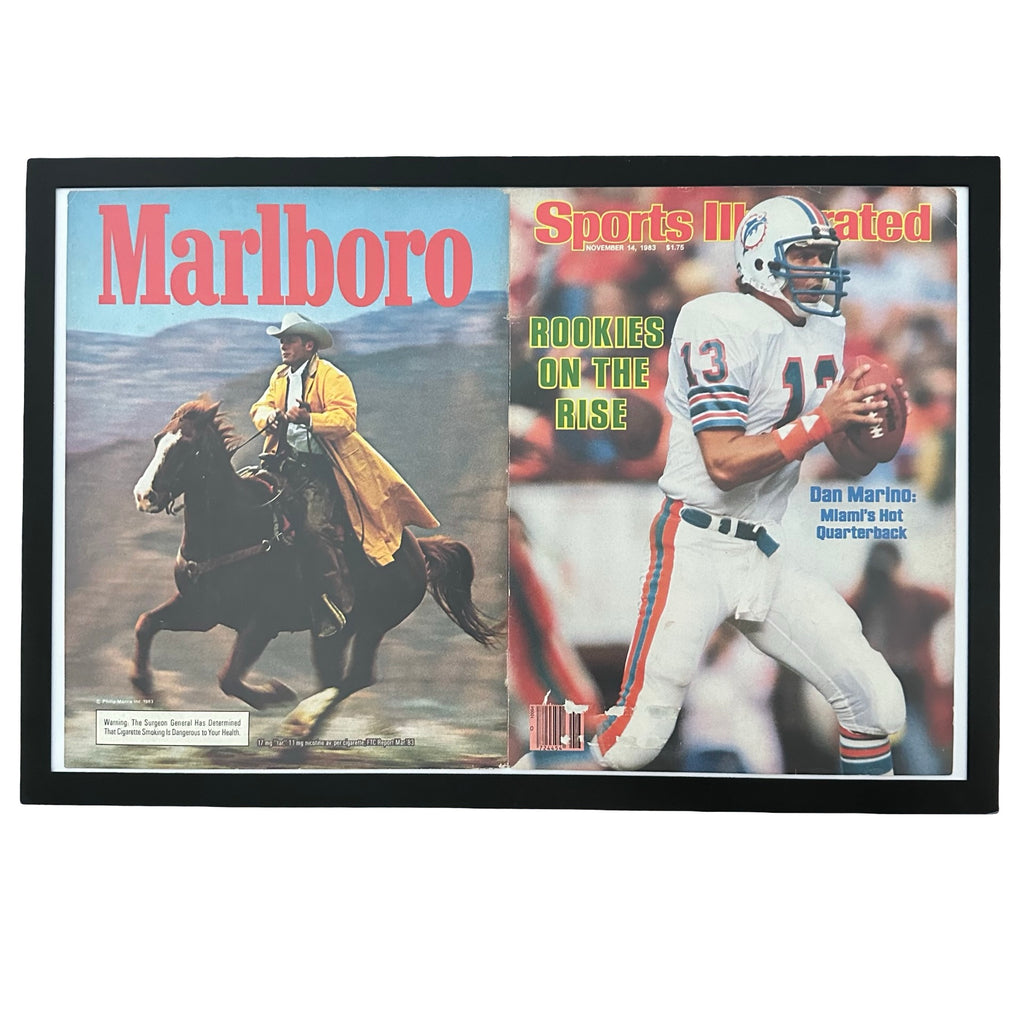 Framed vintage Dan Marino Sports Illustrated cover with Marlboro back cover ad on white background
