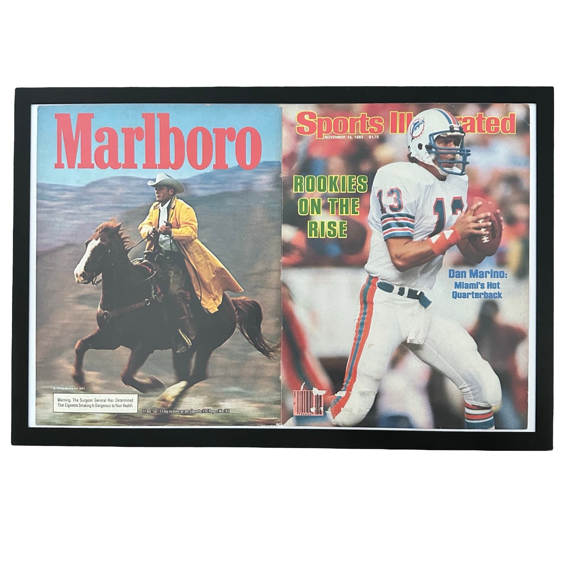 Framed vintage Dan Marino Sports Illustrated cover with Marlboro back cover ad on white background