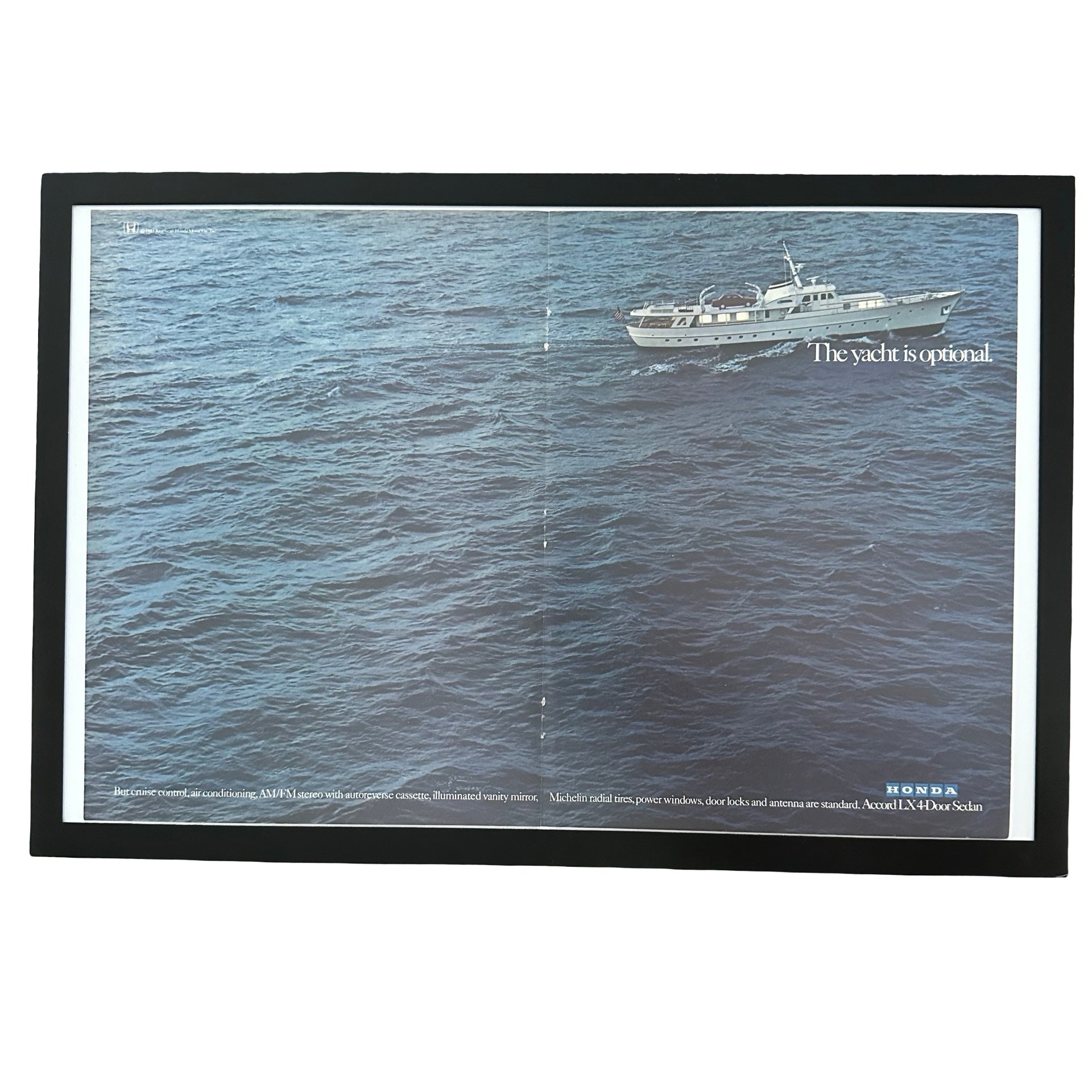 Framed vintage Honda Accord The Yacht Is Optional double page magazine ad on white background