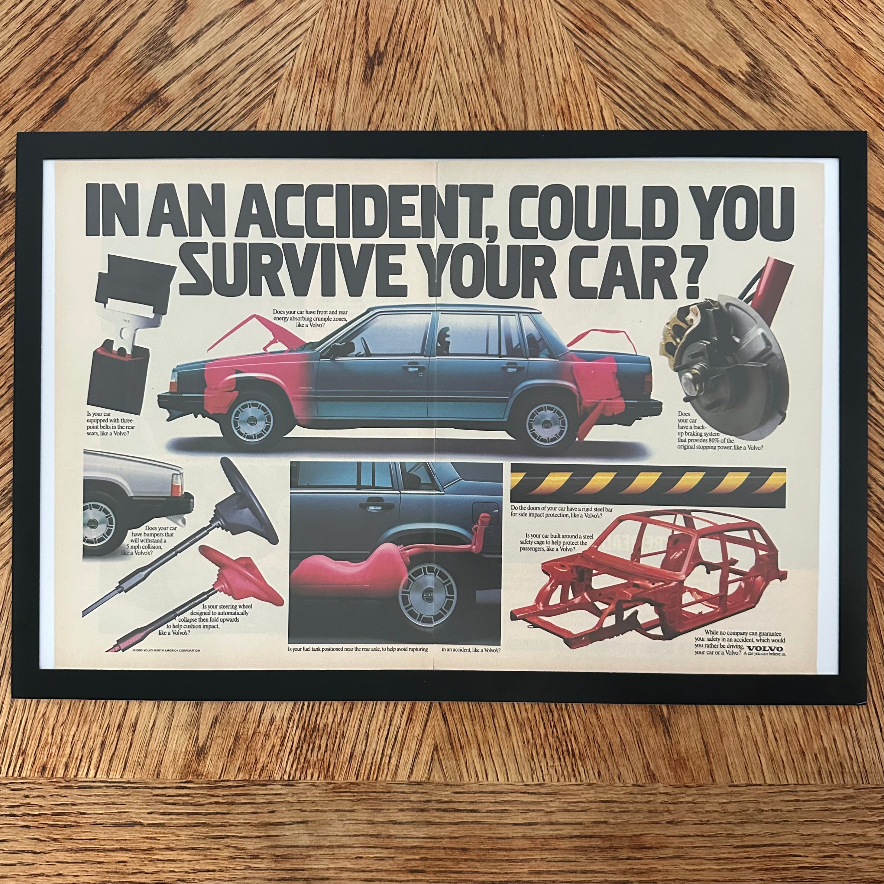 Framed vintage Volvo car safety double page magazine ad