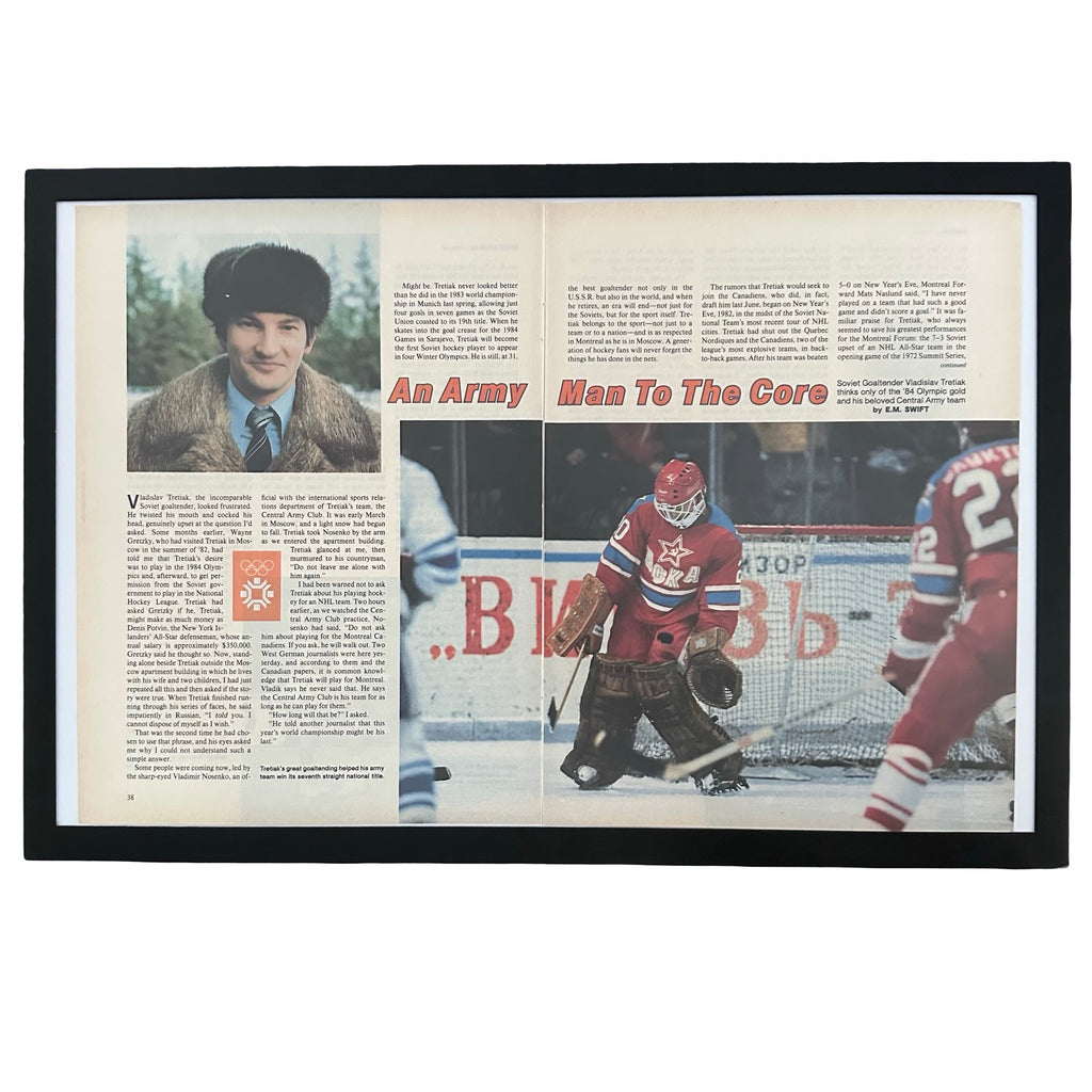 Framed vintage Sports Illustrated Vladislav Tretiak Soviet hockey double page magazine spread on white background