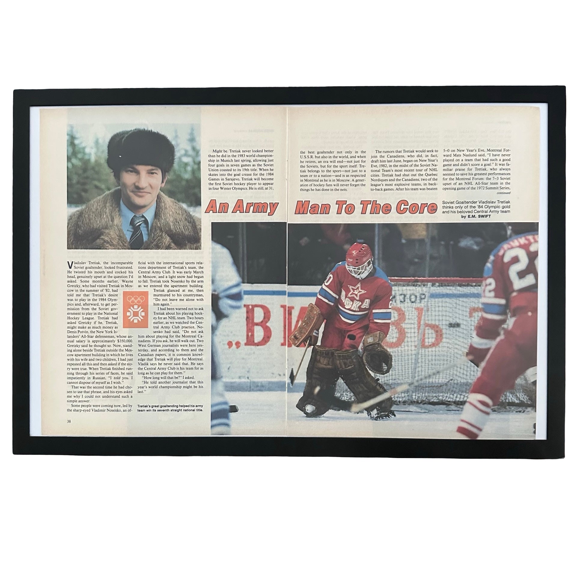 Framed vintage Sports Illustrated Vladislav Tretiak Soviet hockey double page magazine spread on white background