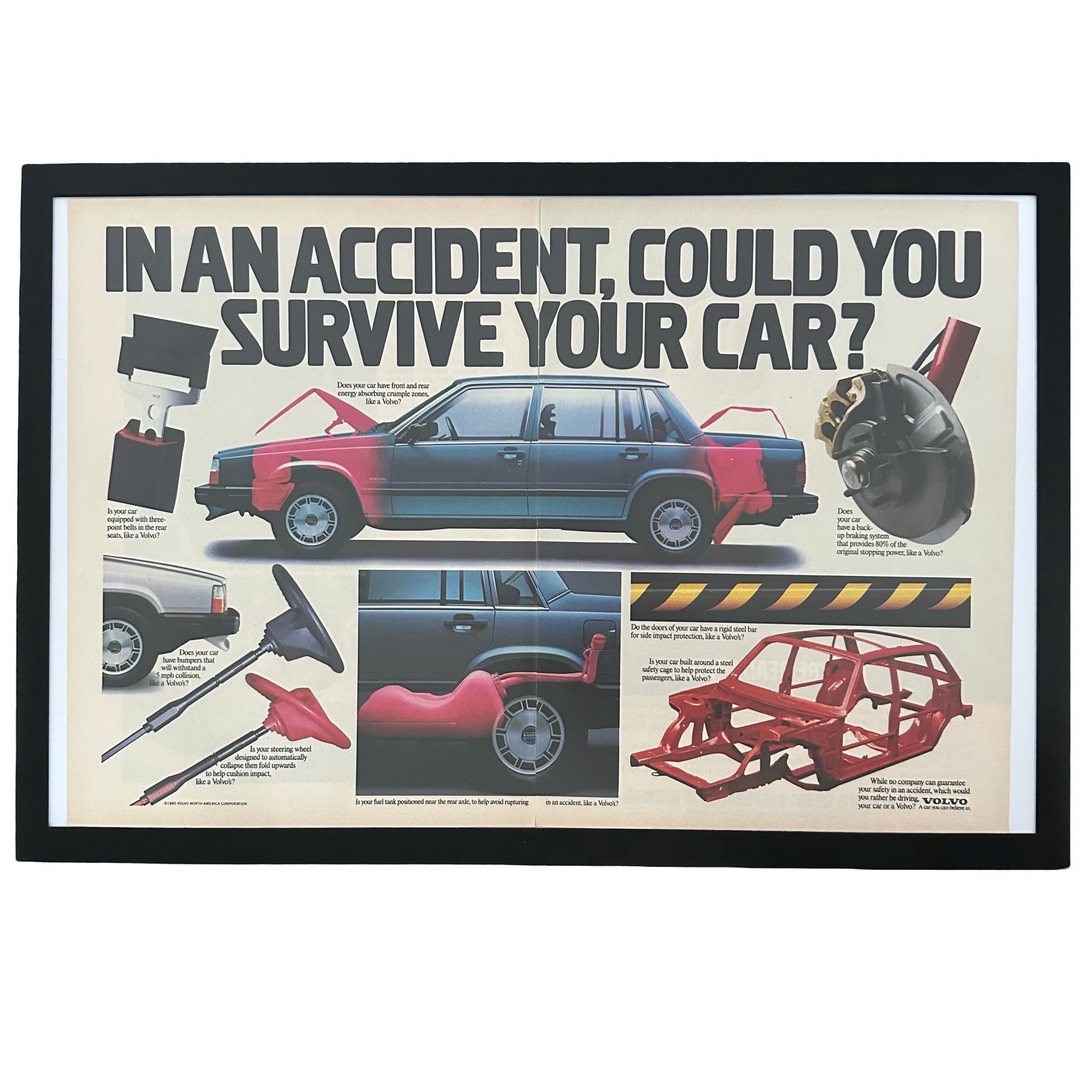 Framed vintage Volvo car safety double page magazine ad on white background