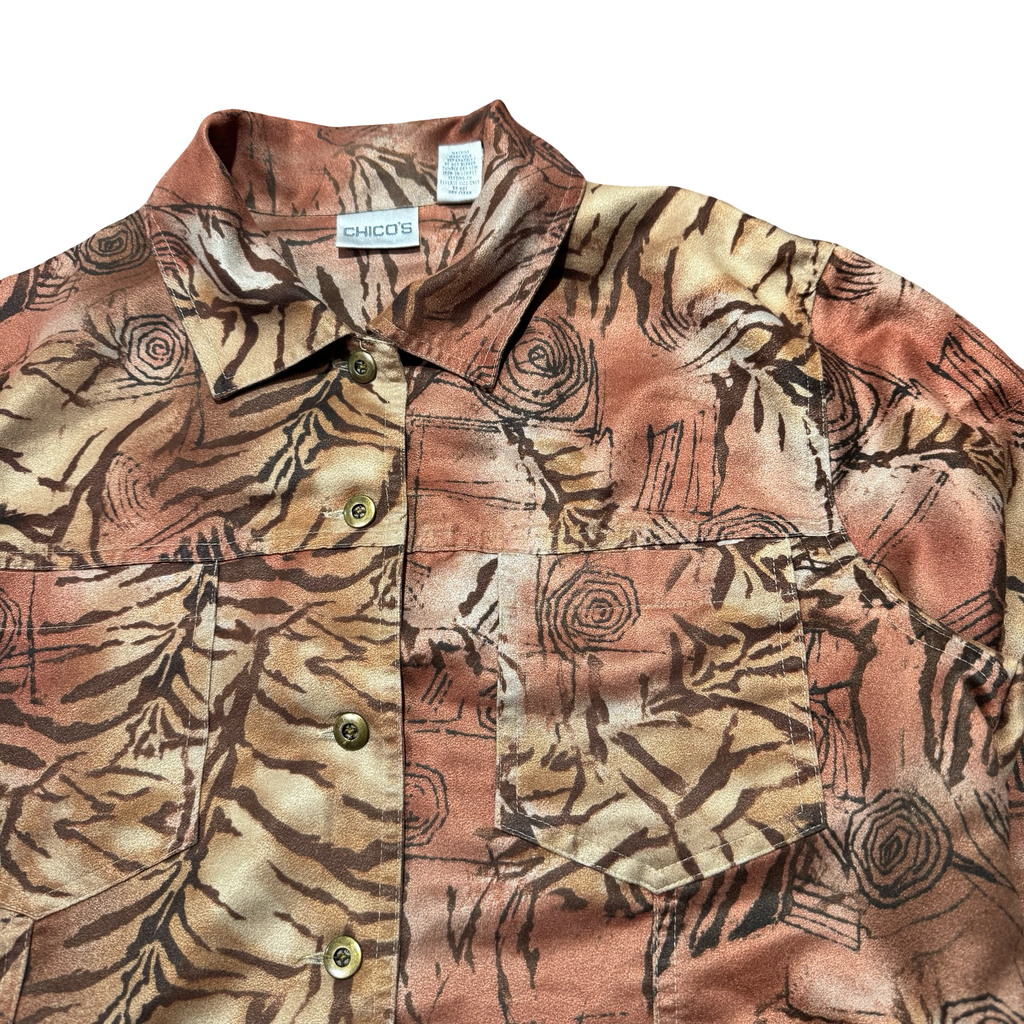 Chico's animal print shirt collar buttons and pocket detail