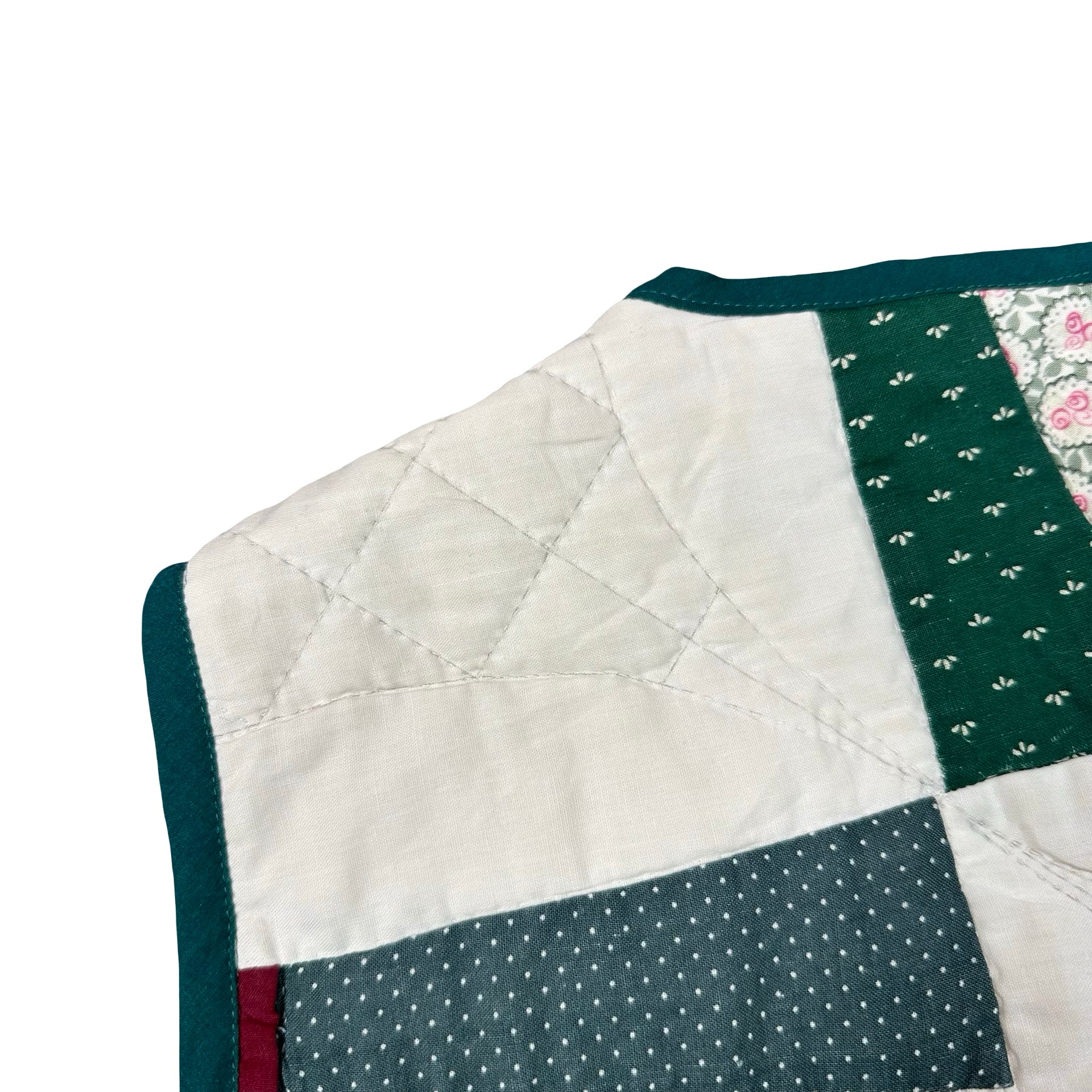 Forest Fan Patchwork XL quilted vest rework, hand quilting detail