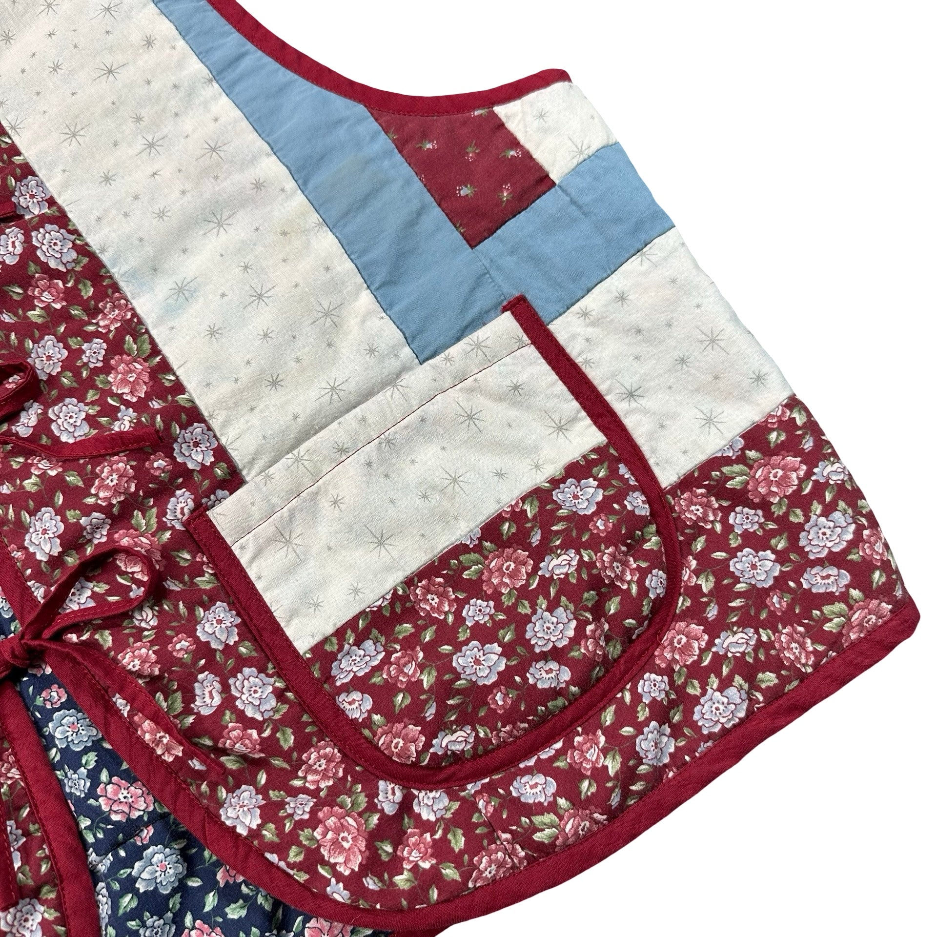 Burgundy Rose Log Cabin XL quilted vest rework, patch pocket detail