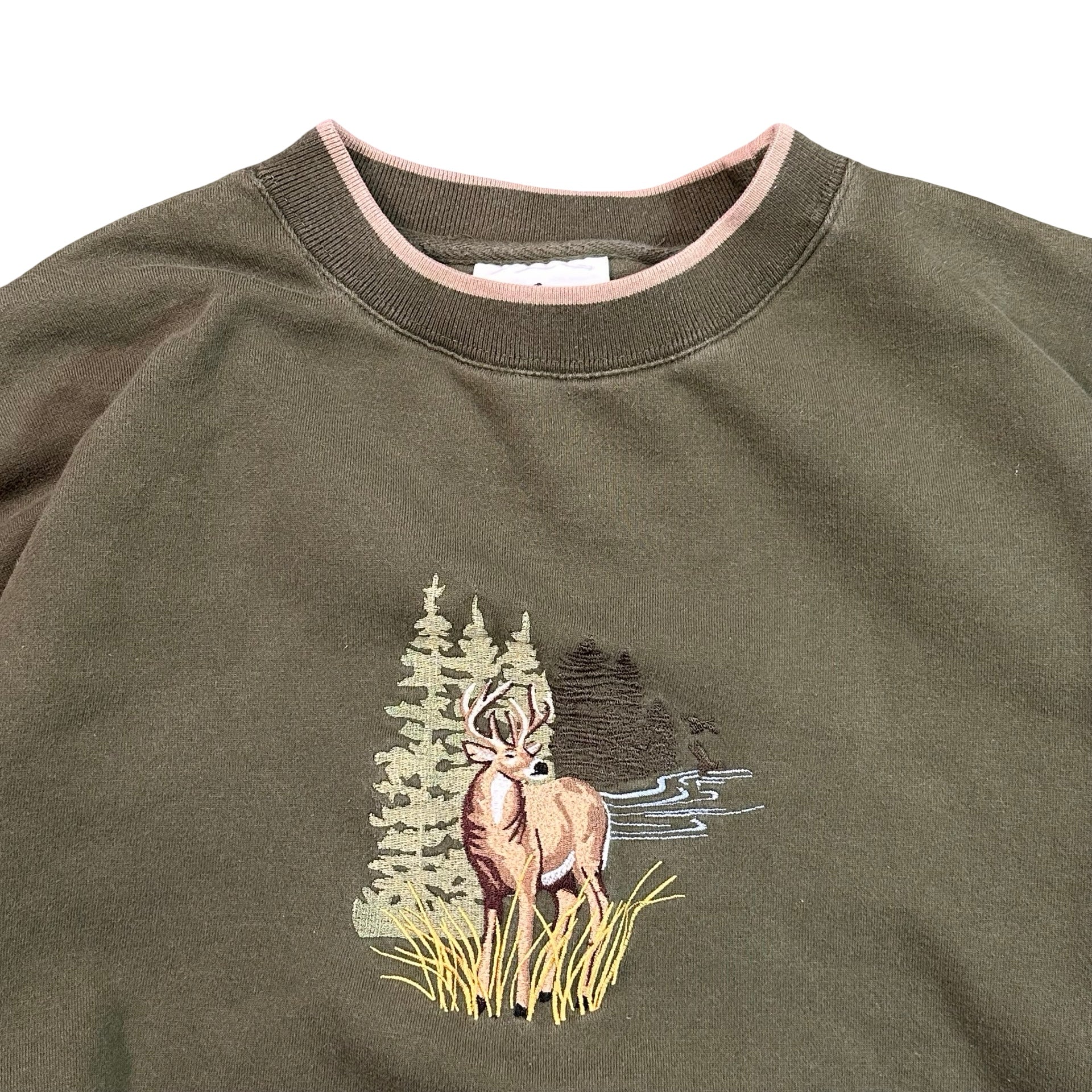 Vintage Whitetail Buck Nature Embroidered Sweatshirt Olive Green Mens XL