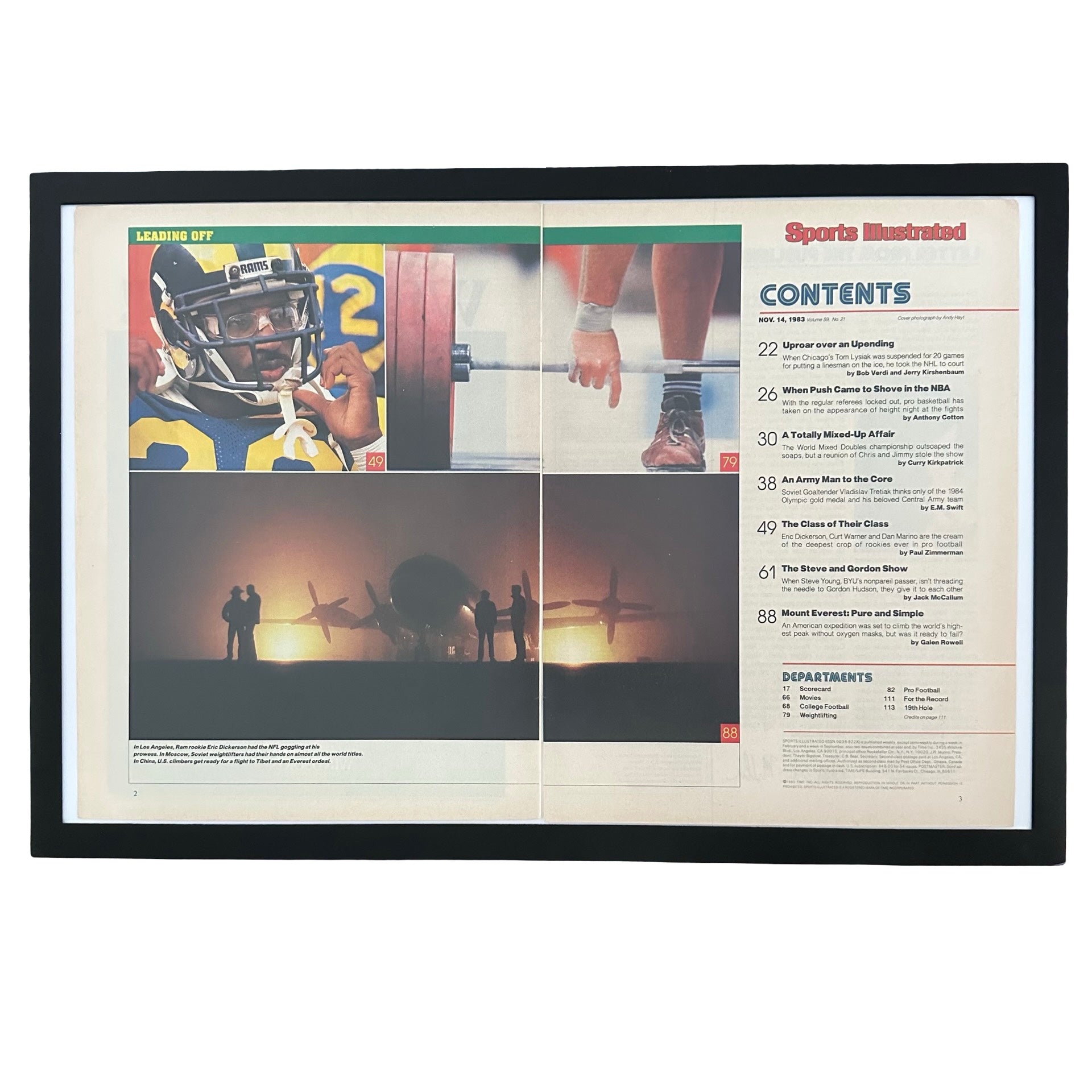 Framed vintage Sports Illustrated 1983 contents page double page magazine spread on white background