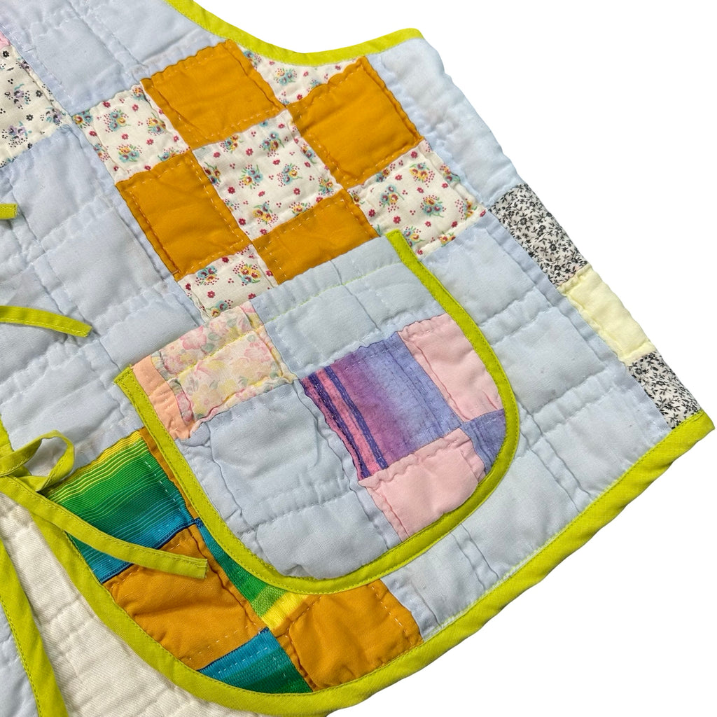 Powder Blue & Lime Patchwork XL quilted vest rework, patch pocket detail