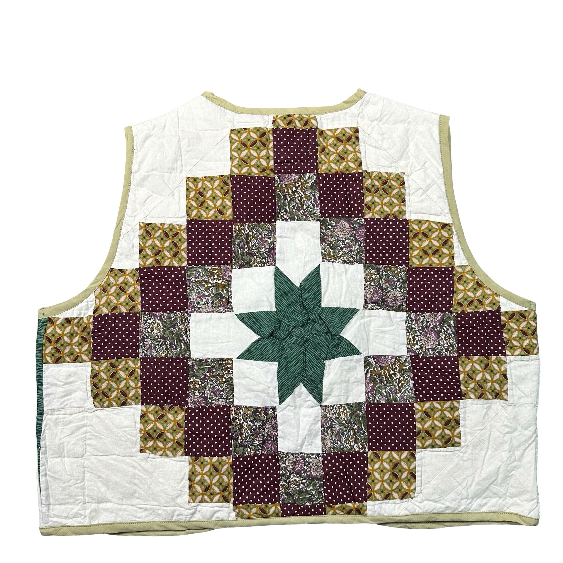 Plum Nine Patch Star L quilted vest rework - back with green star block