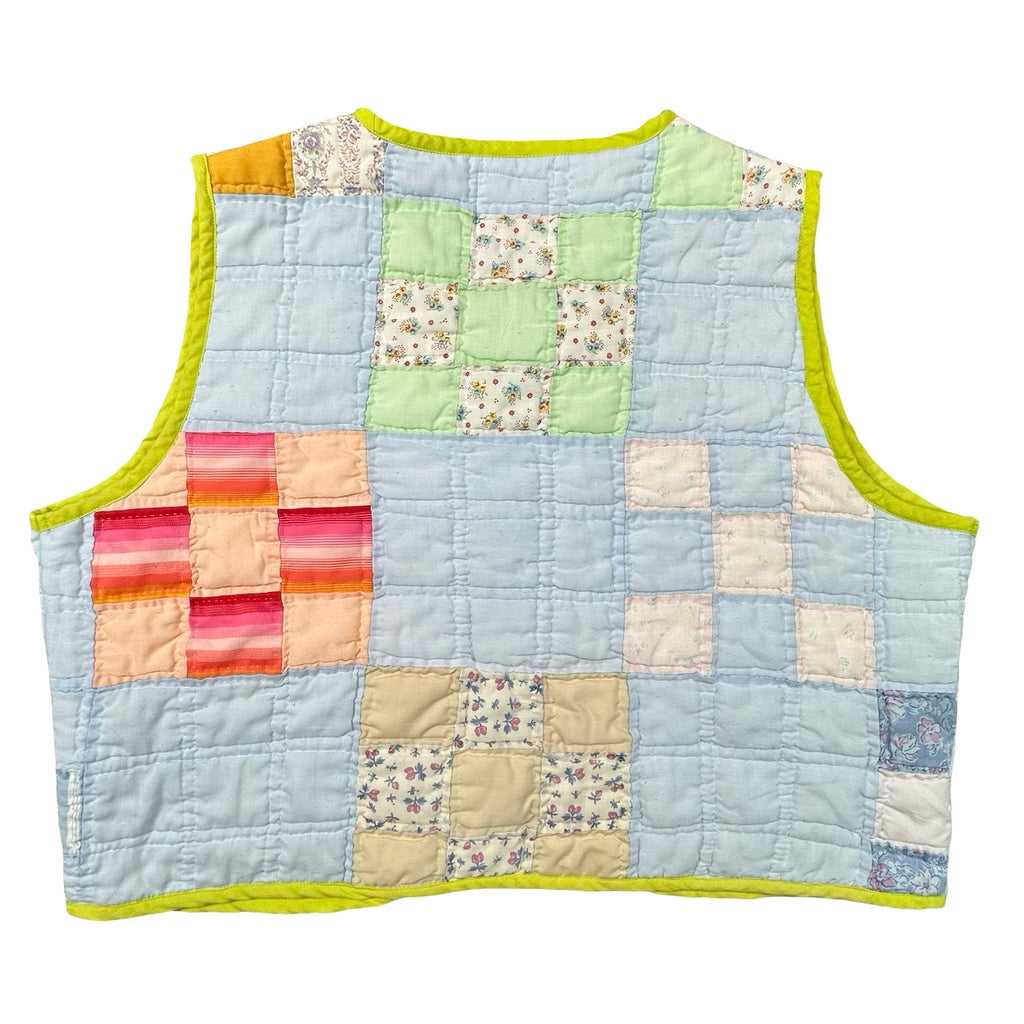 Powder Blue & Lime Patchwork XL quilted vest rework, back