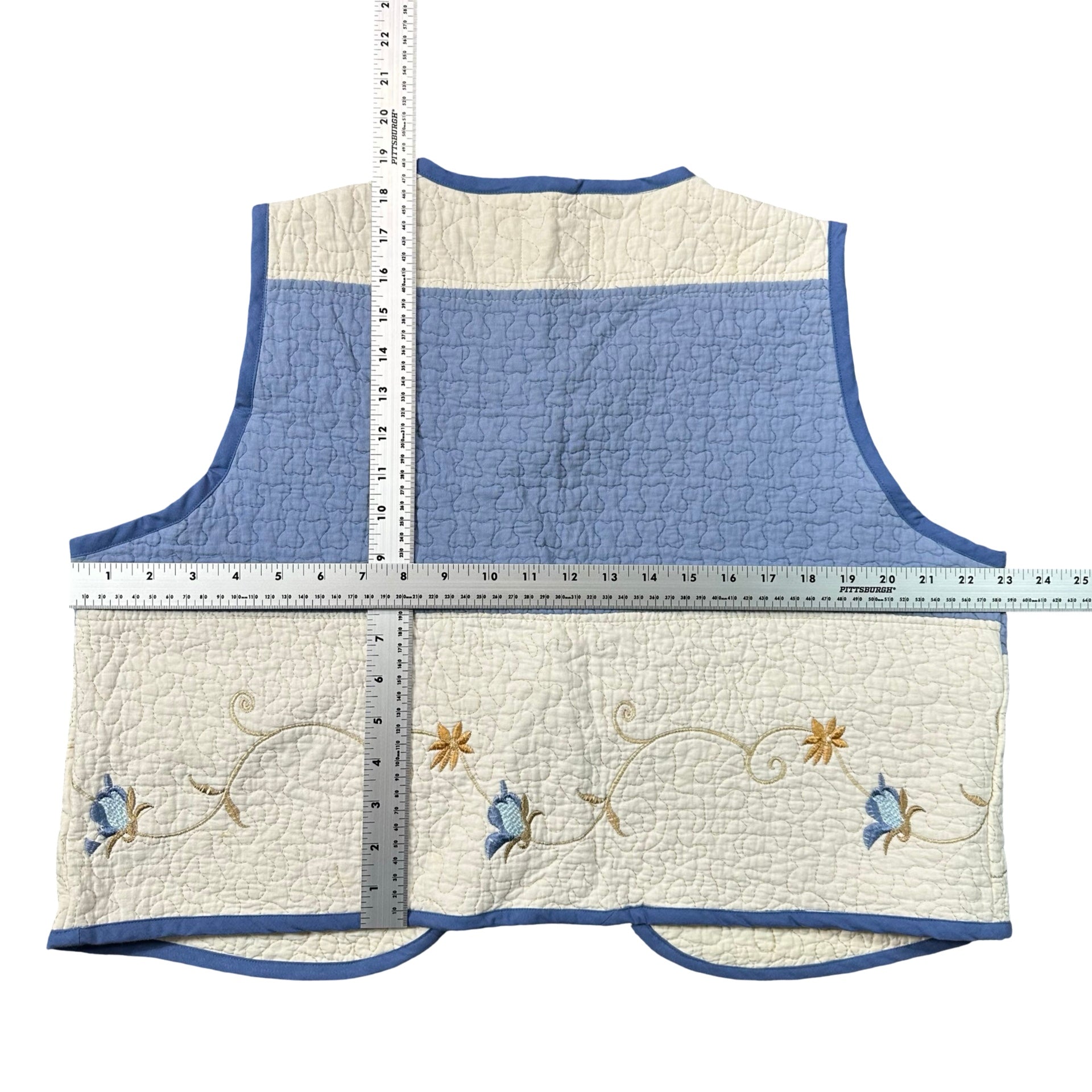 Chambray Butterfly Embroidery L quilted vest rework - tape measure