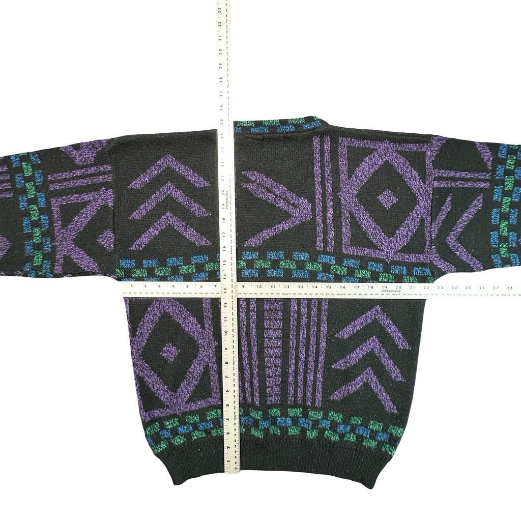 Vintage 80s Southwestern Geometric Leather Chevron Knit Sweater Black M