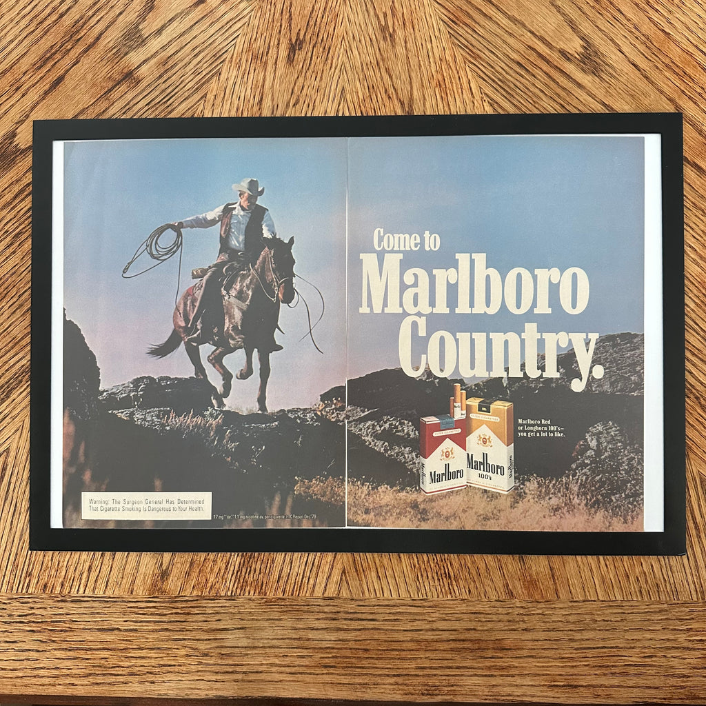 Framed vintage Marlboro Country cowboy double page magazine ad