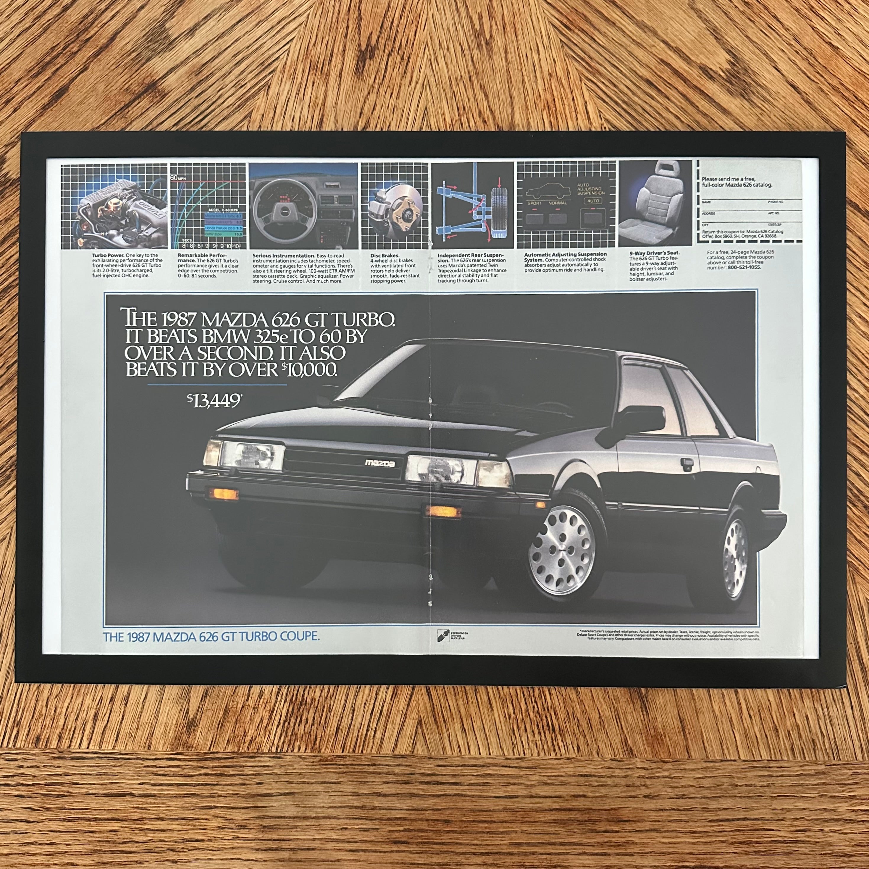 Framed vintage 1987 Mazda 626 GT Turbo double page magazine ad