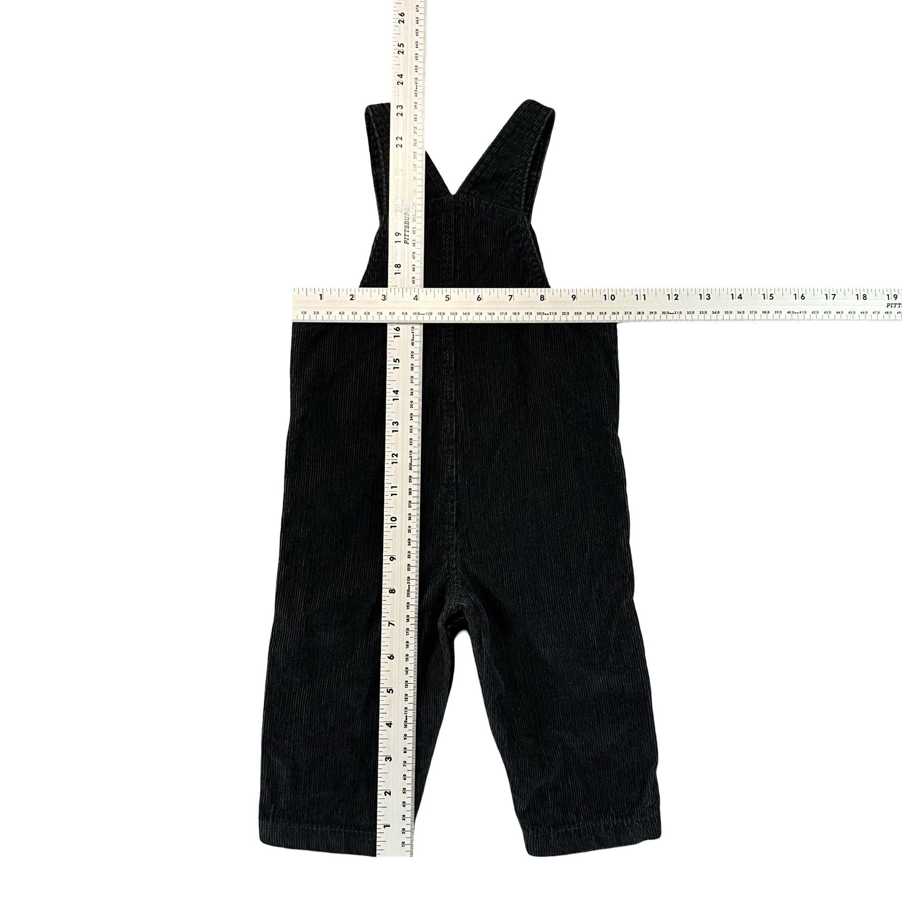 Carter's Black Corduroy Baby Overalls 9M Just One You - flat lay measurements with tape measure