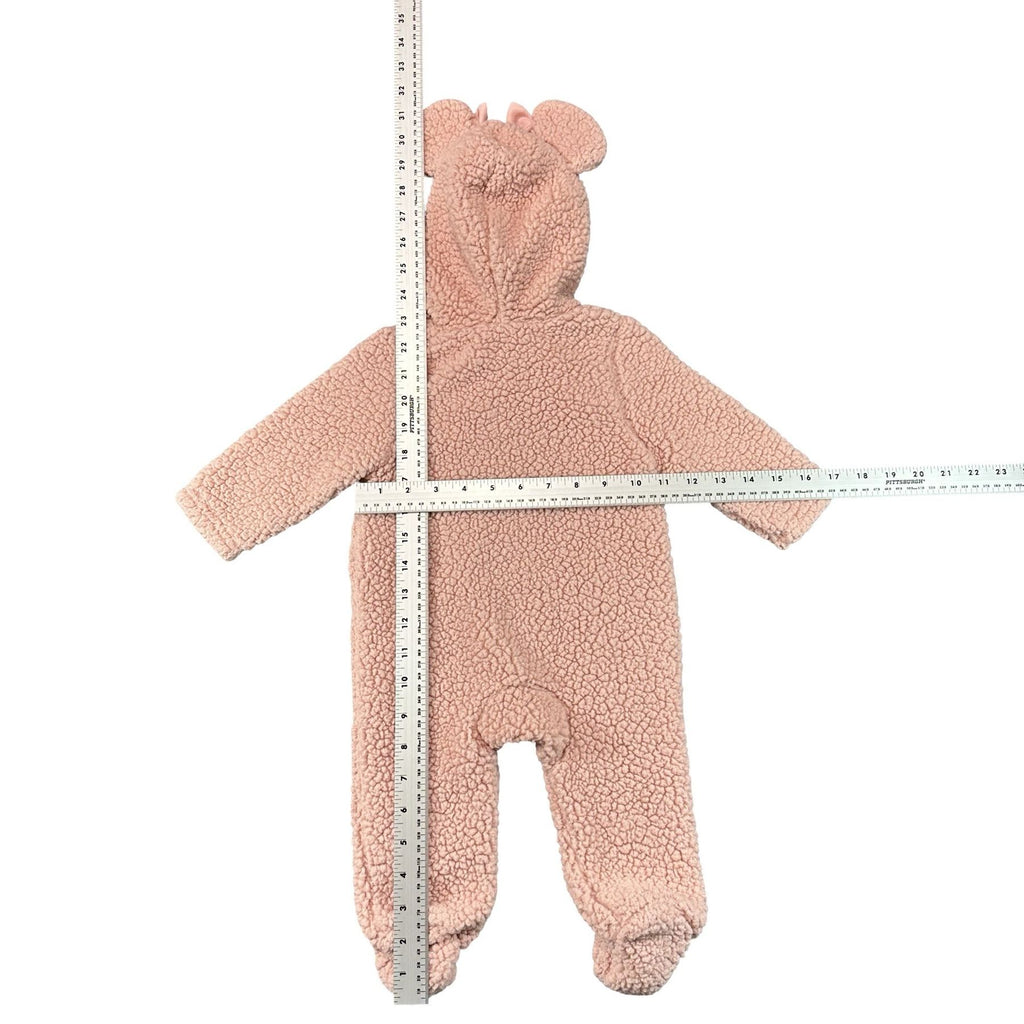 Disney Baby Minnie Mouse Pink Sherpa Bunting Pram Suit 0-3M - flat lay measurements with tape measure