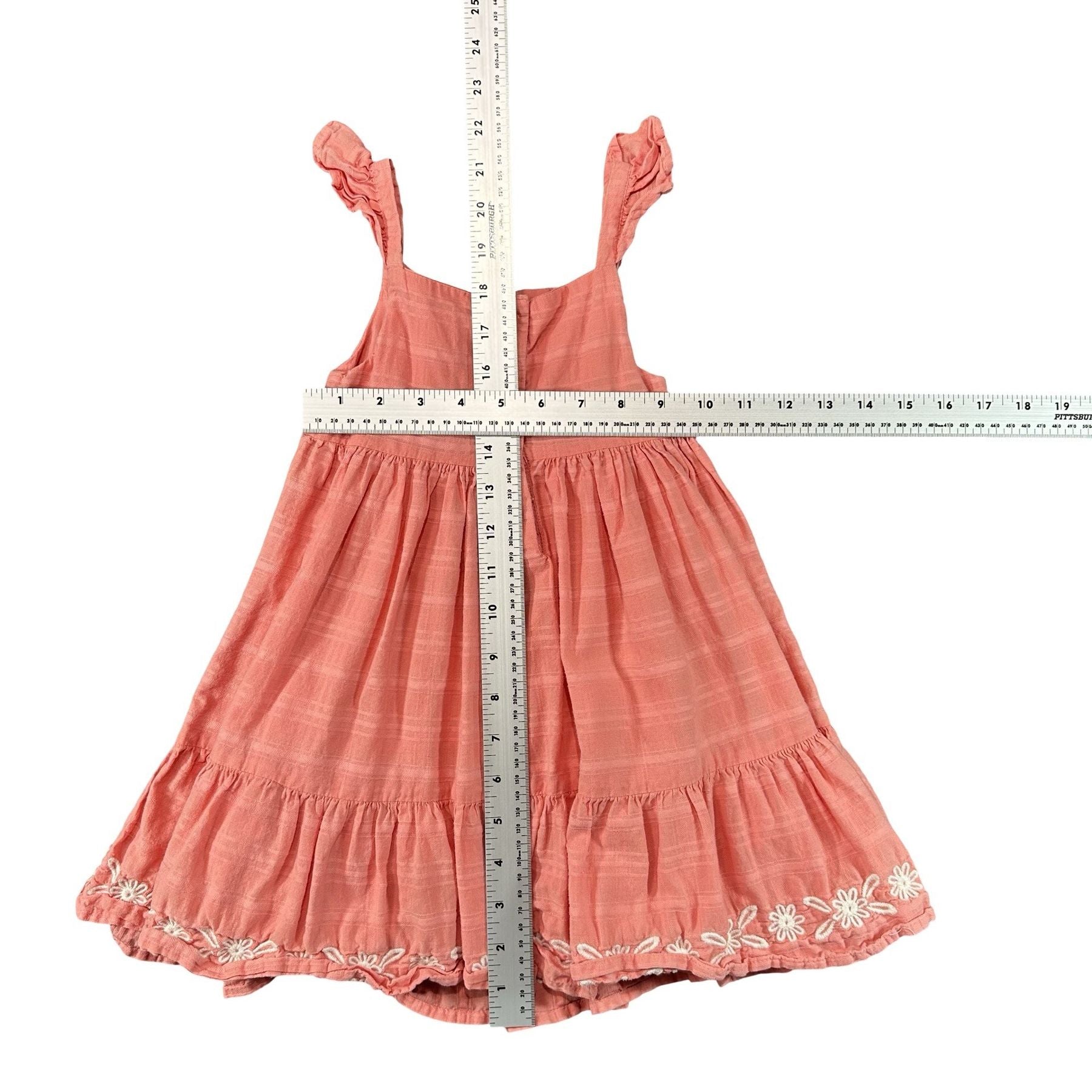 Max Studio Kids Coral Embroidered Tiered Sundress 3T - flat lay measurements with tape measure