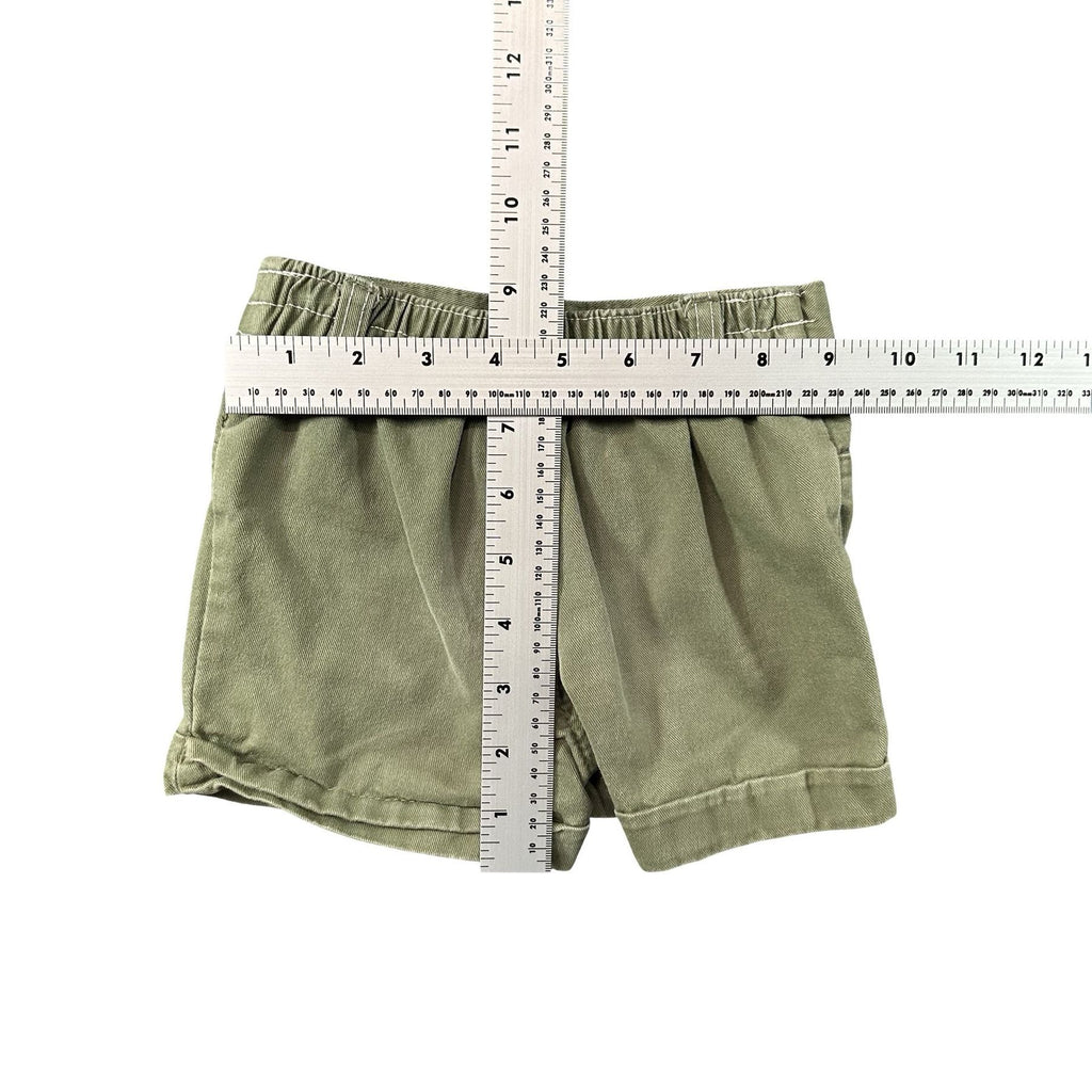 Olive Green Floral Embroidered Denim Shorts Toddler 2T - flat lay measurements with tape measure
