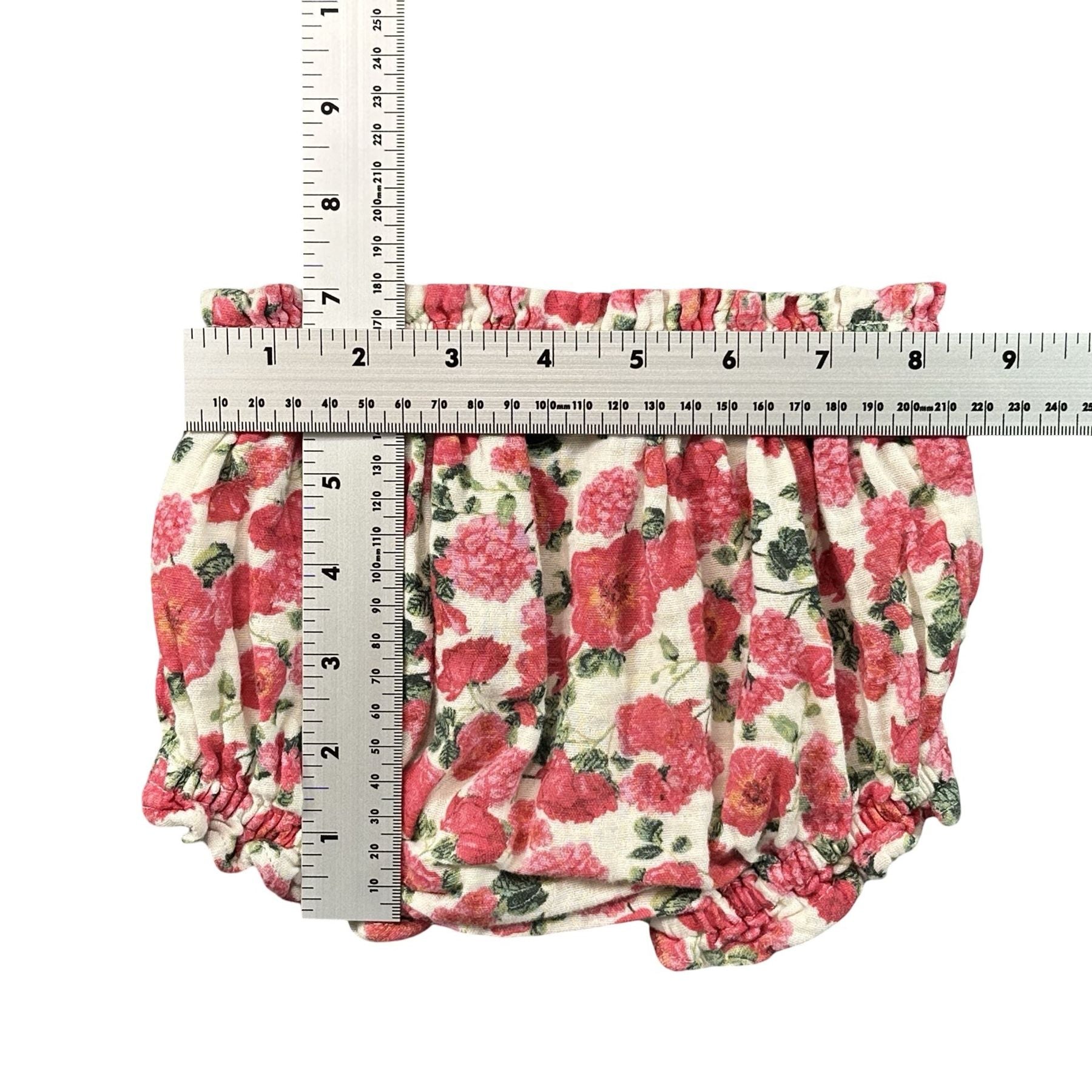 Old Navy Rose Floral Bloomer Shorts Baby 12-18M - flat lay measurements with tape measure