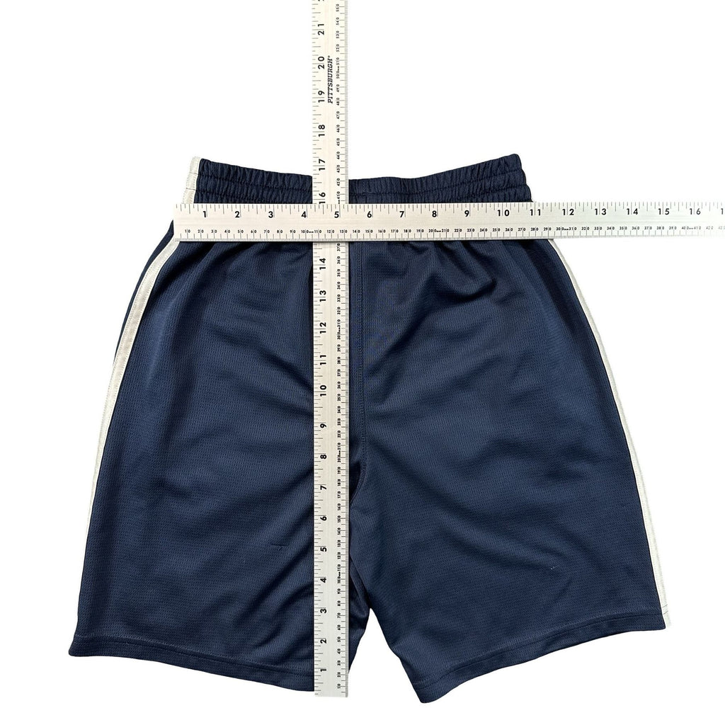 adidas Navy 3-Stripe Mesh Athletic Shorts Youth M 10/12 - flat lay measurements with tape measure