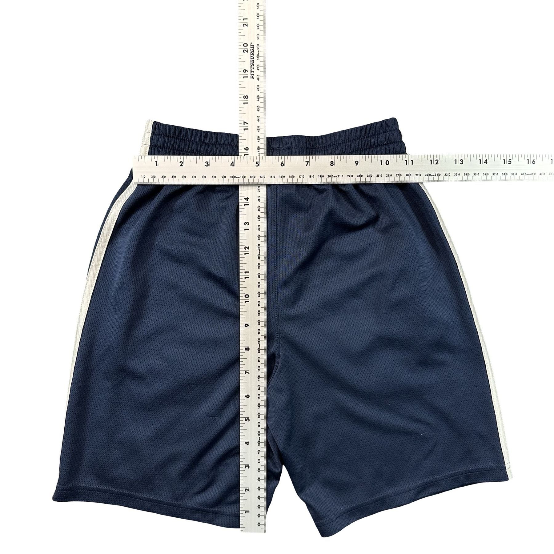 adidas Navy 3-Stripe Mesh Athletic Shorts Youth M 10/12 - flat lay measurements with tape measure