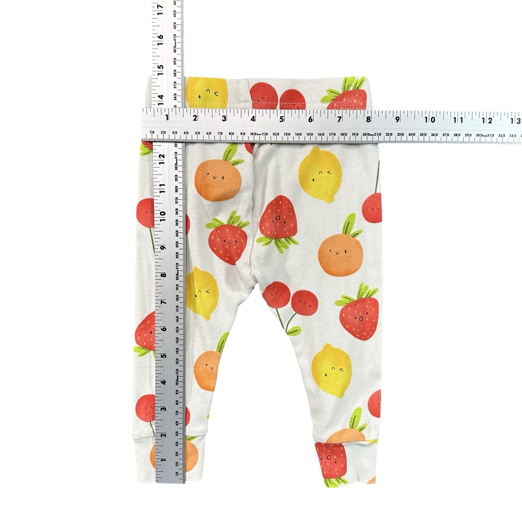 Old Navy Fruit Print Baby Leggings 12-18M Strawberry Lemon - flat lay measurements with tape measure