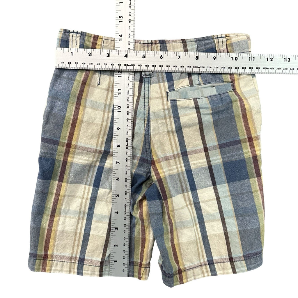 Cherokee Plaid Madras Shorts Size 5 - flat lay measurements with tape measure
