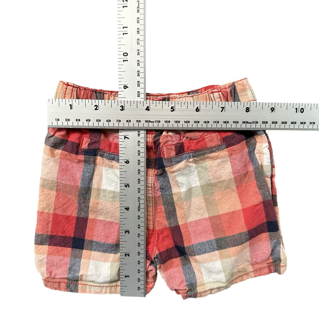 Cherokee Coral Plaid Shorts Baby 6M - flat lay measurements with tape measure