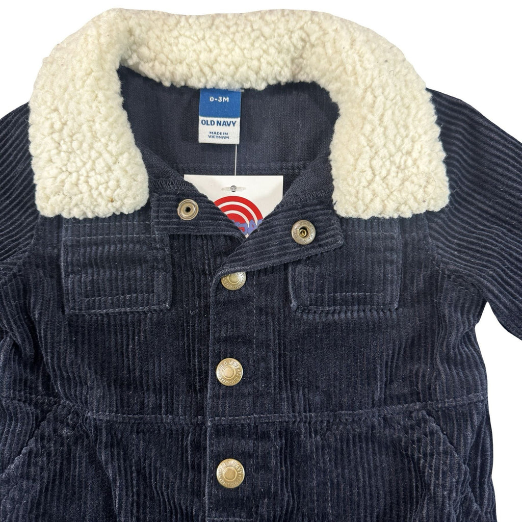 Old Navy Corduroy Sherpa Romper 0-3M - sherpa collar and brass snap detail with size tag 0-3M