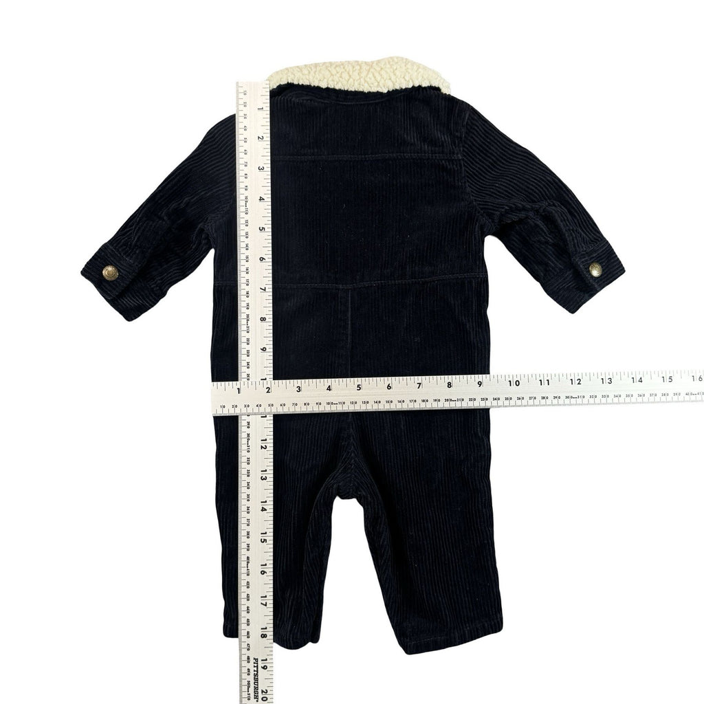 Old Navy Corduroy Sherpa Romper 0-3M - flat lay measurements with tape measure