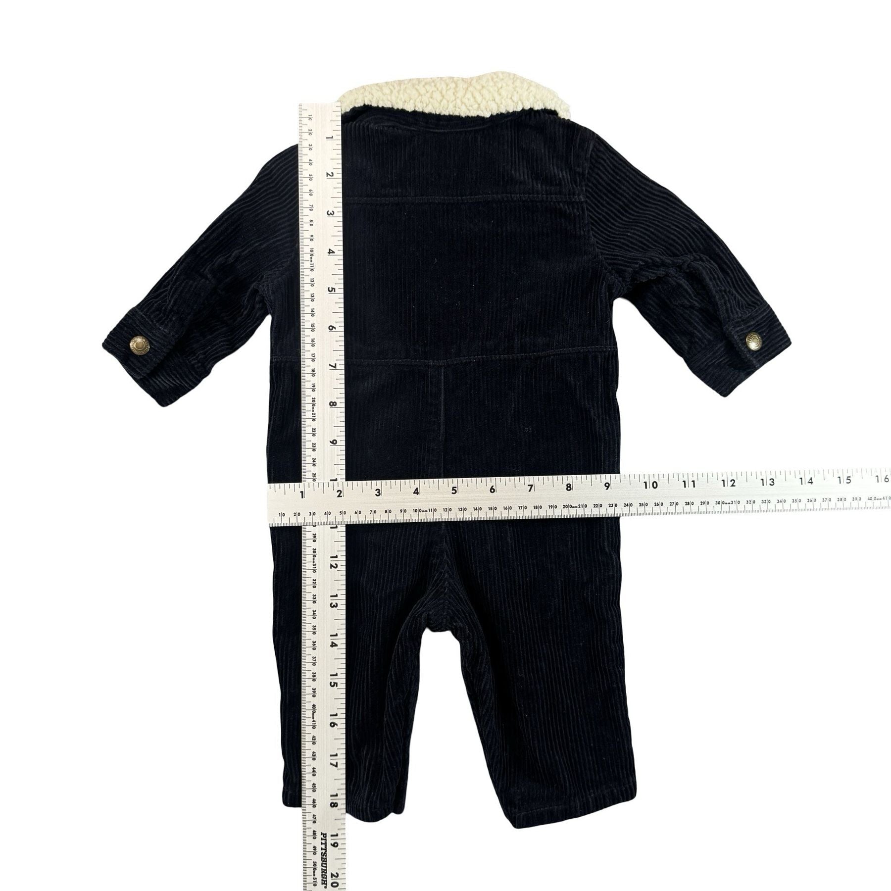 Old Navy Corduroy Sherpa Romper 0-3M - flat lay measurements with tape measure