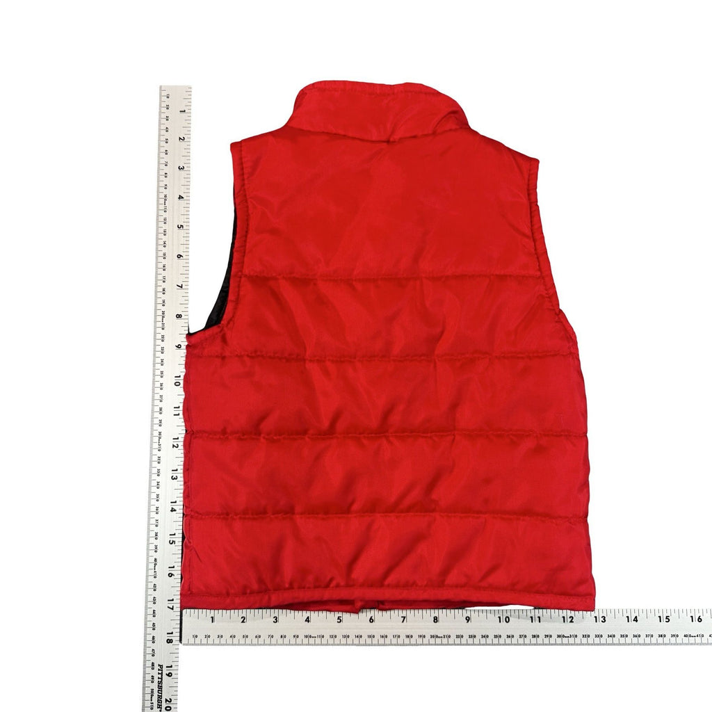 COOGI Red Black Puffer Vest 2T - flat lay measurements with tape measure