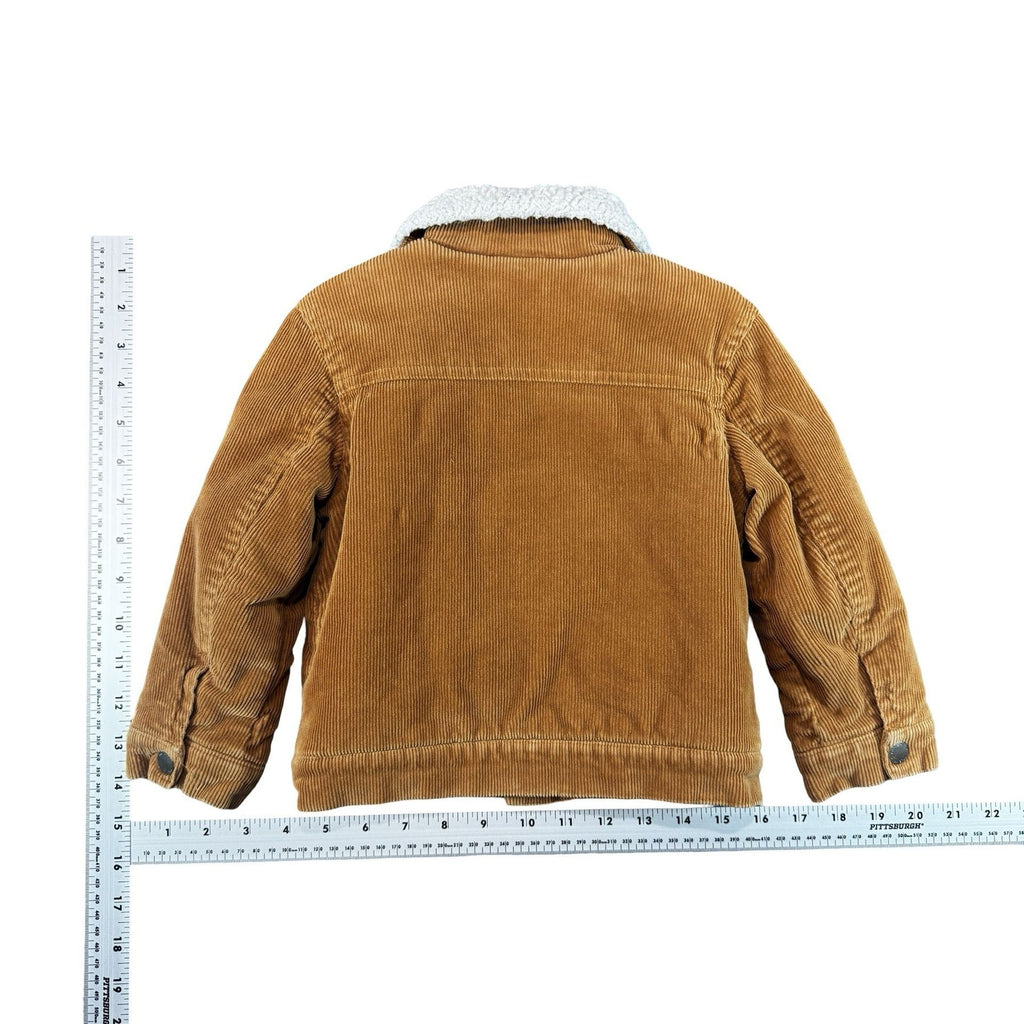 Little Me Tan Corduroy Sherpa Jacket 24M - flat lay measurements with tape measure