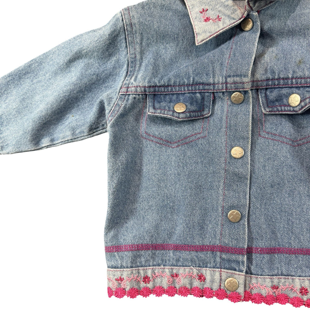 Kiks Denim Jacket Baby 12M - floral collar and pom pom hem detail