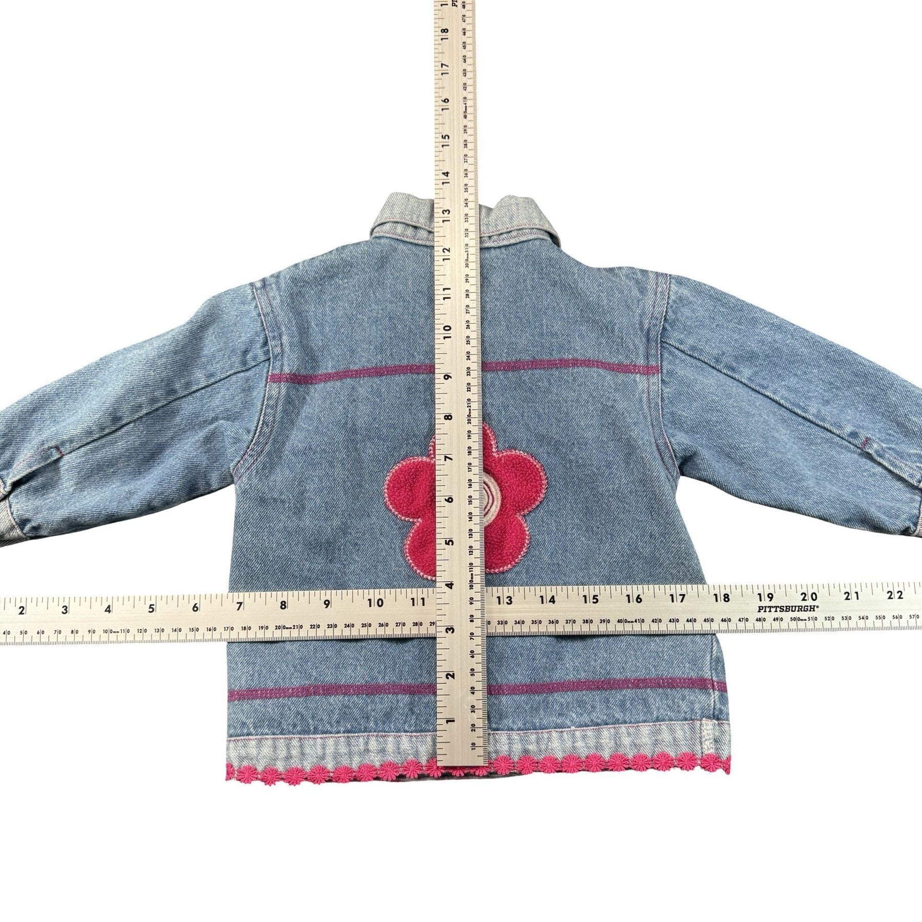 Kiks Denim Jacket Baby 12M - flat lay measurements with tape measure