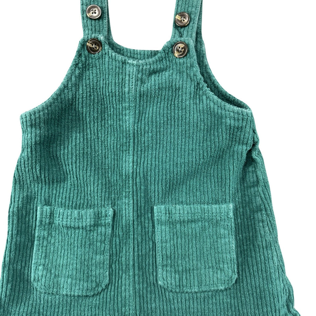 Okie Dokie Teal Corduroy Jumper 4T - patch pockets and button strap detail