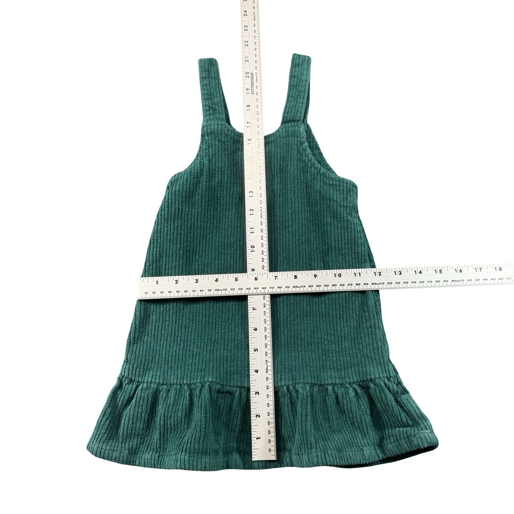 Okie Dokie Teal Corduroy Jumper 4T - flat lay measurements with tape measure