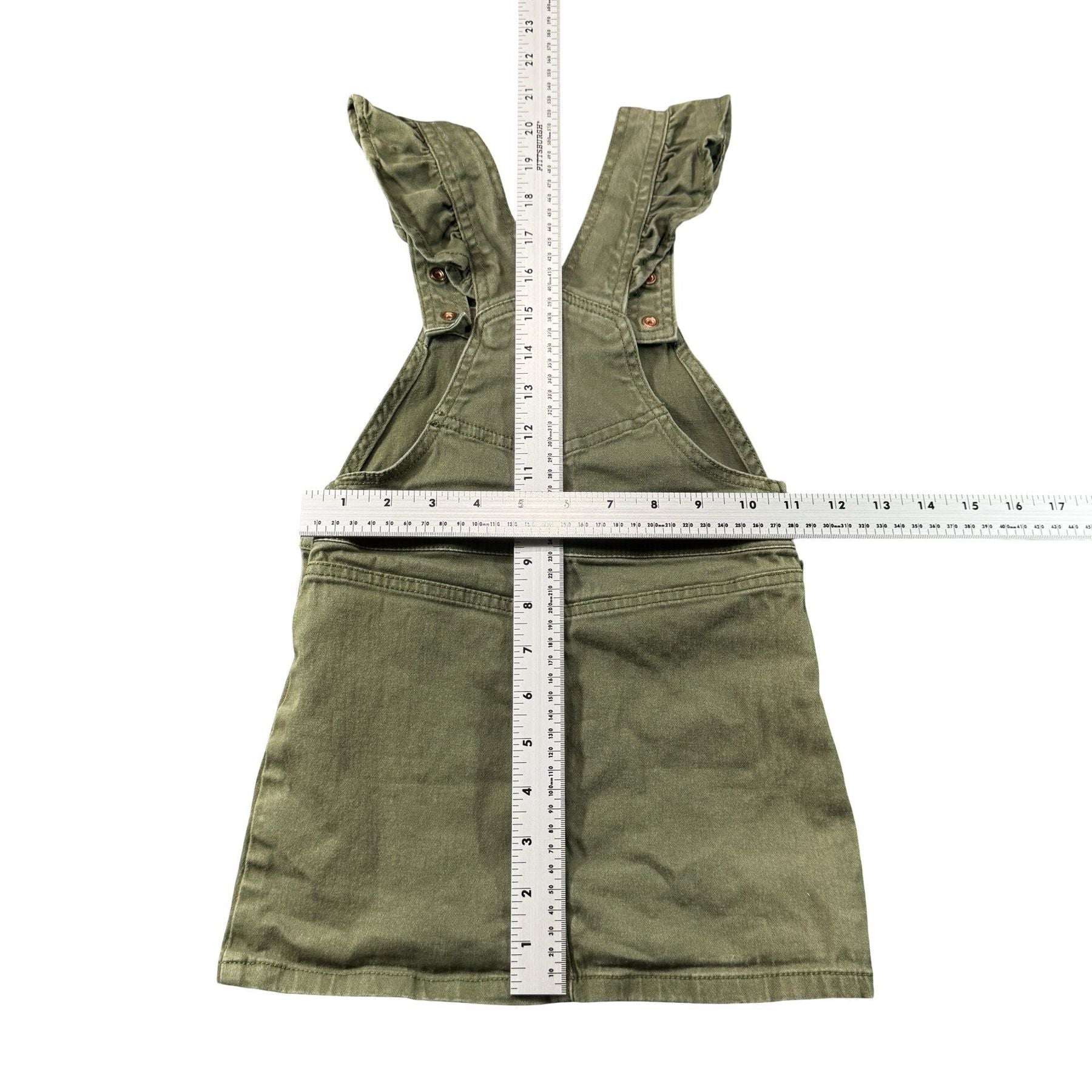BCBG Girls Olive Jumper Dress 3T - flat lay measurements with tape measure