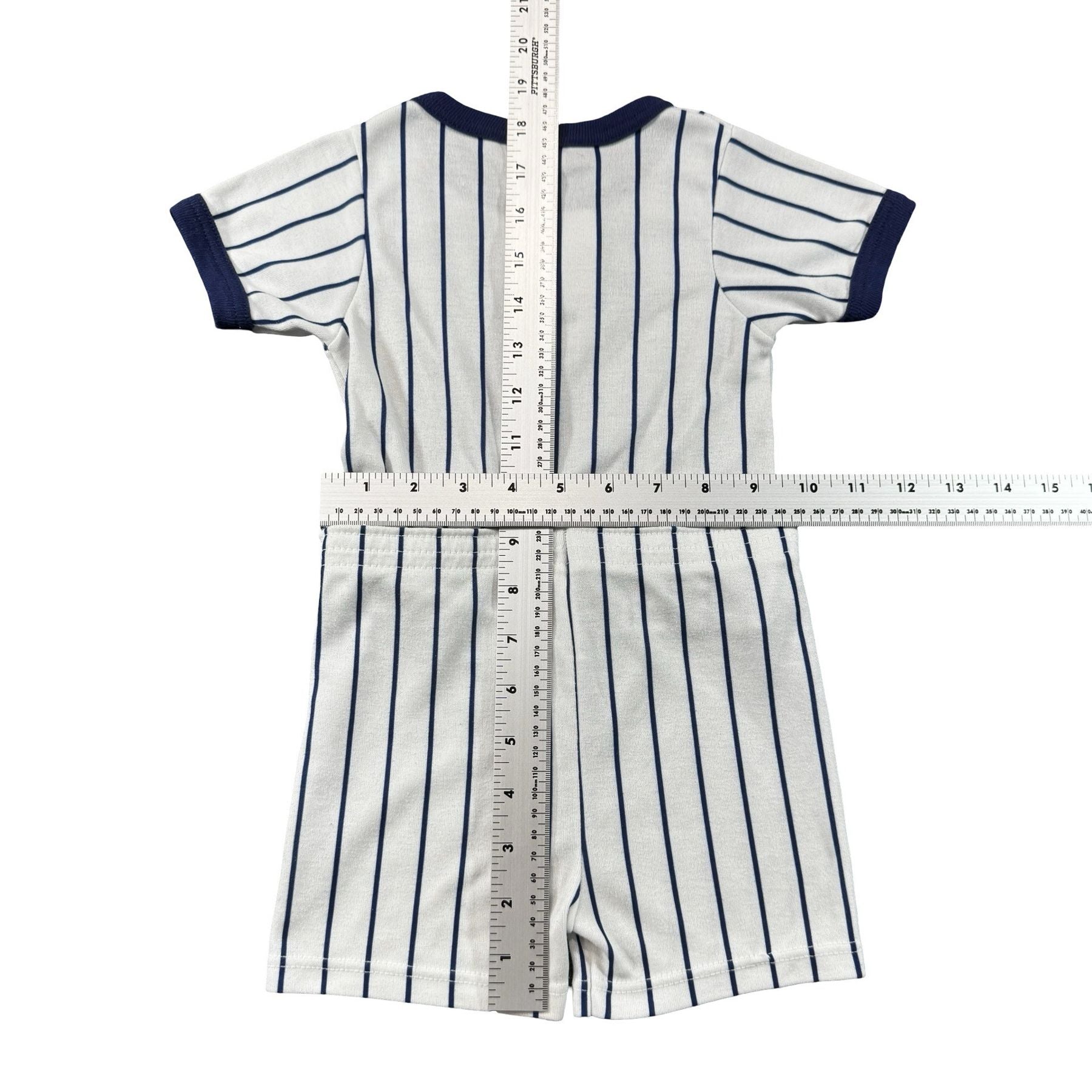 Vintage Tykes Baseball Romper 24M - flat lay measurements with tape measure