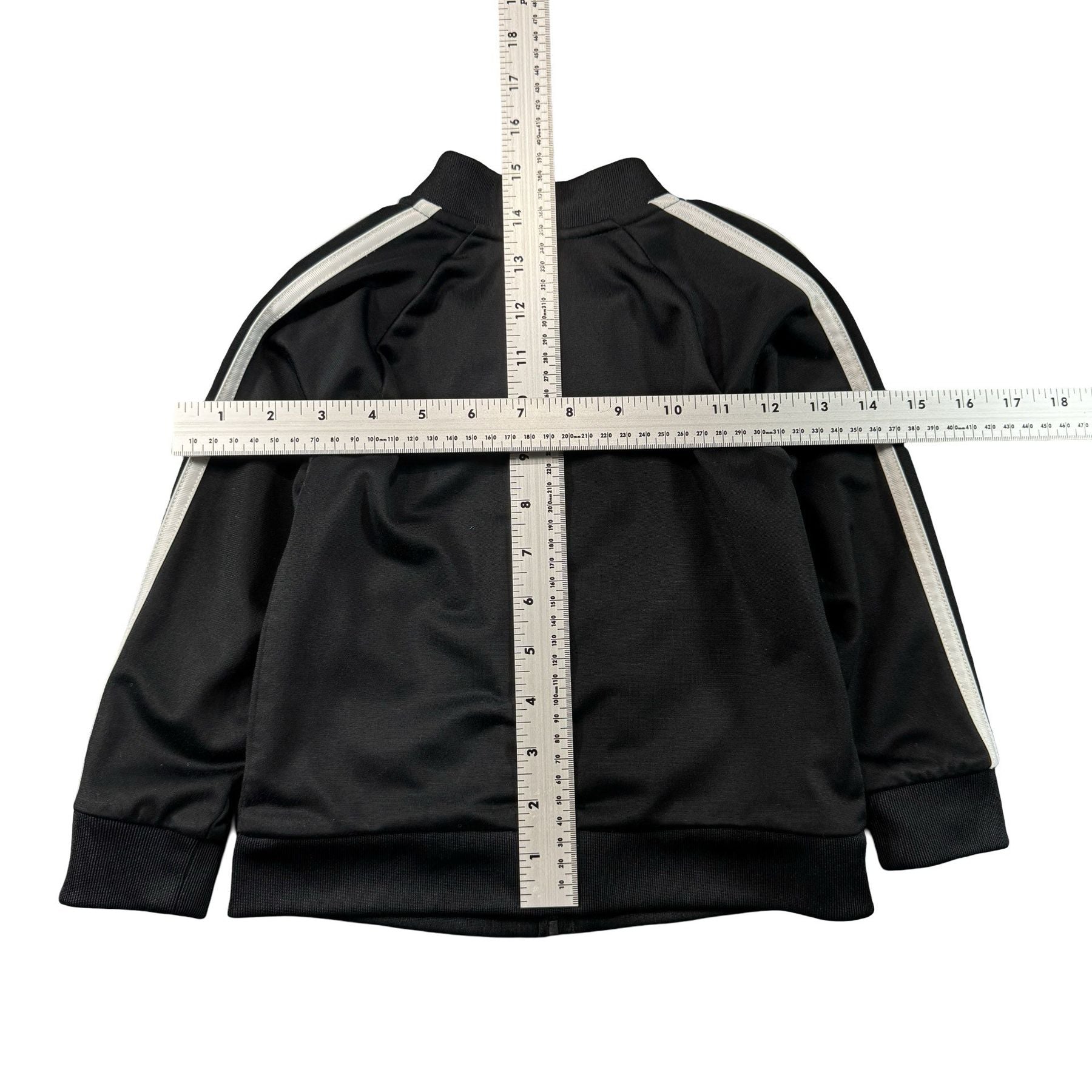 adidas Black Track Jacket Toddler 2T - flat lay measurements with tape measure