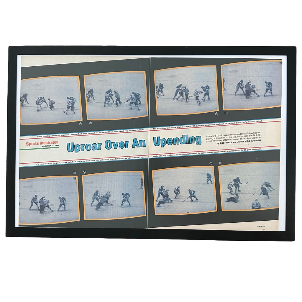 Framed vintage Sports Illustrated NHL hockey double page magazine article on white background