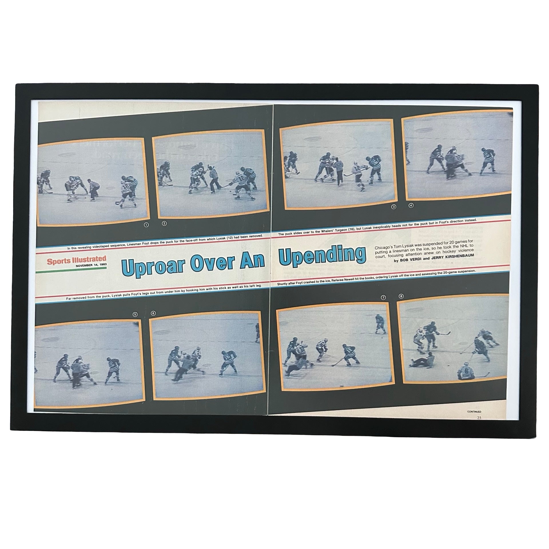 Framed vintage Sports Illustrated NHL hockey double page magazine article on white background