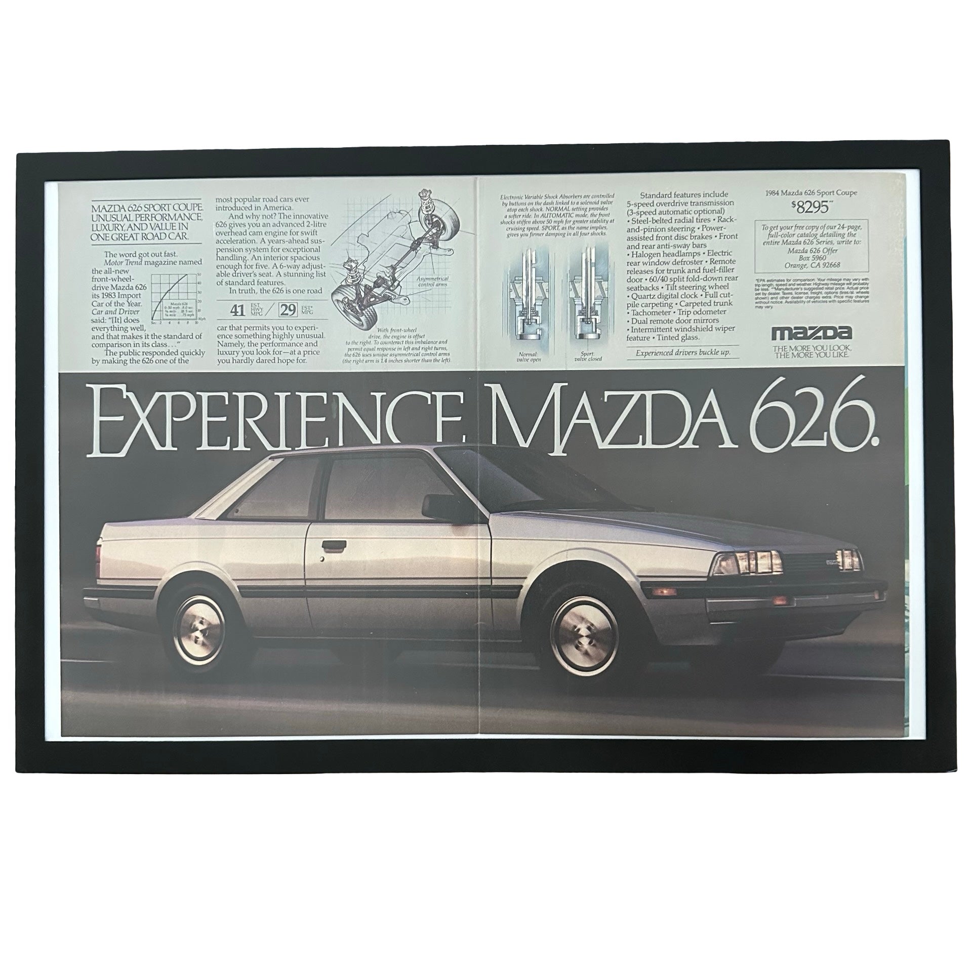 Framed vintage Mazda 626 Sport Coupe double page magazine ad on white background