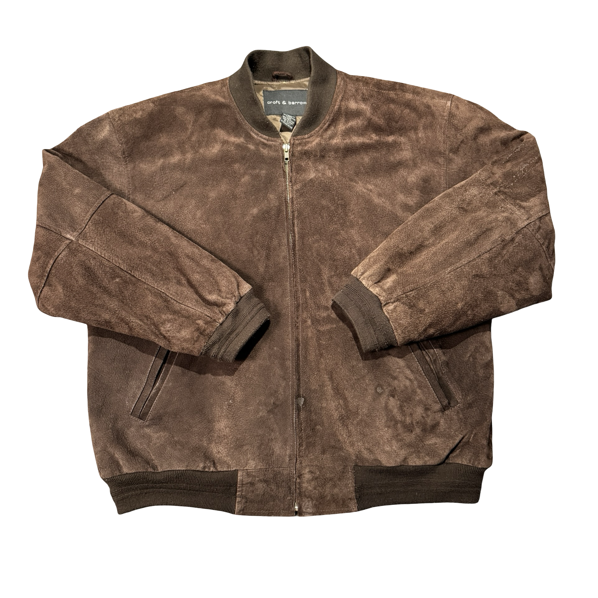 Brown suede bomber jacket front collar